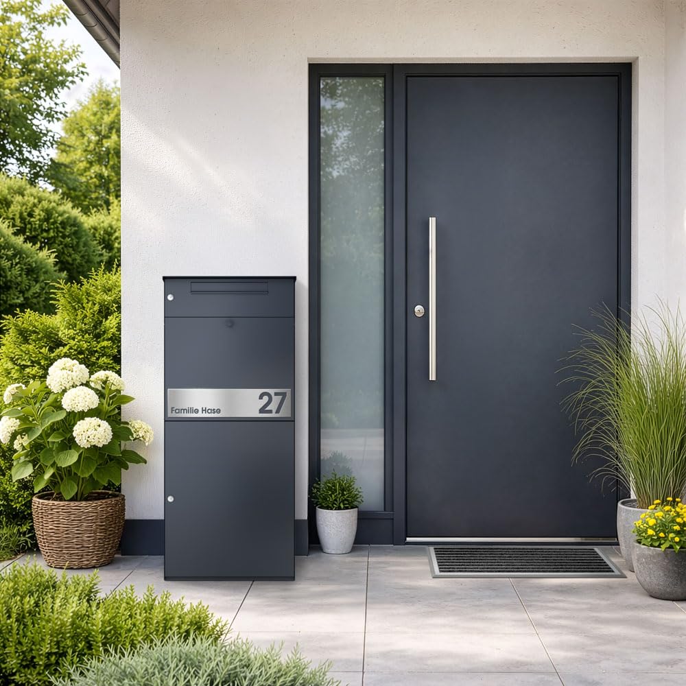 KNOBLOCH Briefkasten mit Paketbox KNOBOX PRO 11 - mit Gravur personalisiert, XXL Paketkasten, rostfrei wetterfest, Anthrazit RAL7016