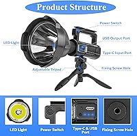 Vista 6 de Rechargeable Spotlight, 2,000,000L High Lumens Led Spot Lights Outdoor Handheld Super Bright Long Range Powerful Flashlight with 4 Modes, Tripod