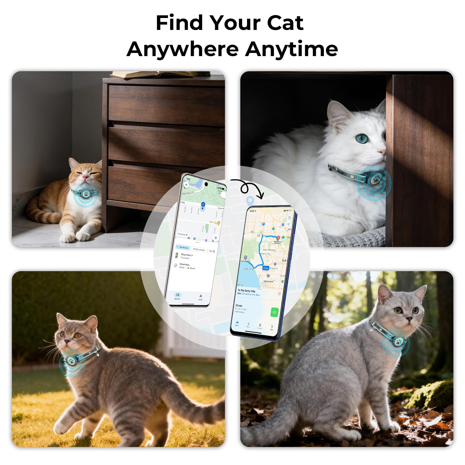 Katzen Tracker Ohne ABO (iOS & Android) - Katzen Hund Tracker Halsband mit Sicherheitsverschluss - GPS Wasserdicht Haustiere Ortungsgerät (2 Pack)