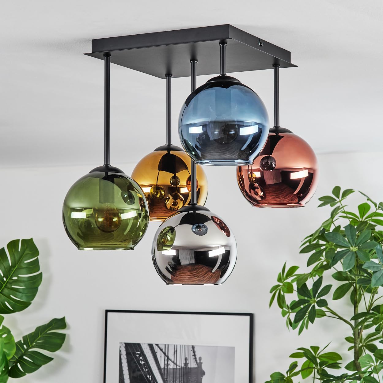 HOFSTEIN Deckenleuchte Koyoto, 5-flammige Deckenlampe aus Metall/Glas in Schwarz/Blau/Grün/Gold/Kupfer/Chrom/Rauch, Leuchte im Retro-Design (Schirme Ø 15 cm), E14, Esszimmer, Wohnzimmer, Schlafzimmer