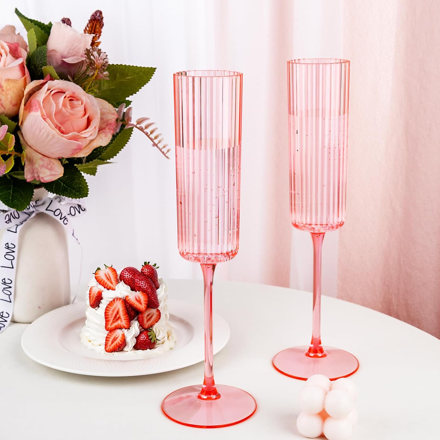 Ciaell 12PCS Plastic Ribbed Martini Glasses and 24 Pack Pink Plastic Champagne Flutes for Thanksgiving & Parties & Weddings & Poolside & Toasting & Outdoors
