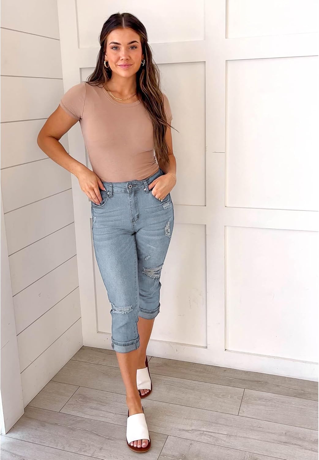 luvamia Capri Jeans for Women Stretch High Waisted Distressed Denim Capris Ripped Skinny Cropped Pants - Image 3