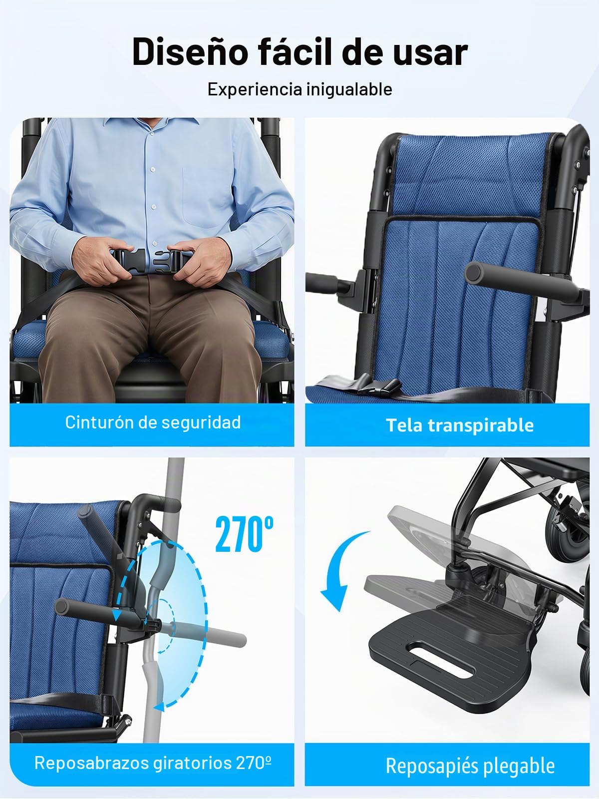 Silla de Ruedas Plegable Ligera para Mayores, Silla de Transferencia Ultraligera de Aluminio (9 kg) con Mango Telescópico, Silla Ruedas de Transporte para Viajes y Avión, Azul