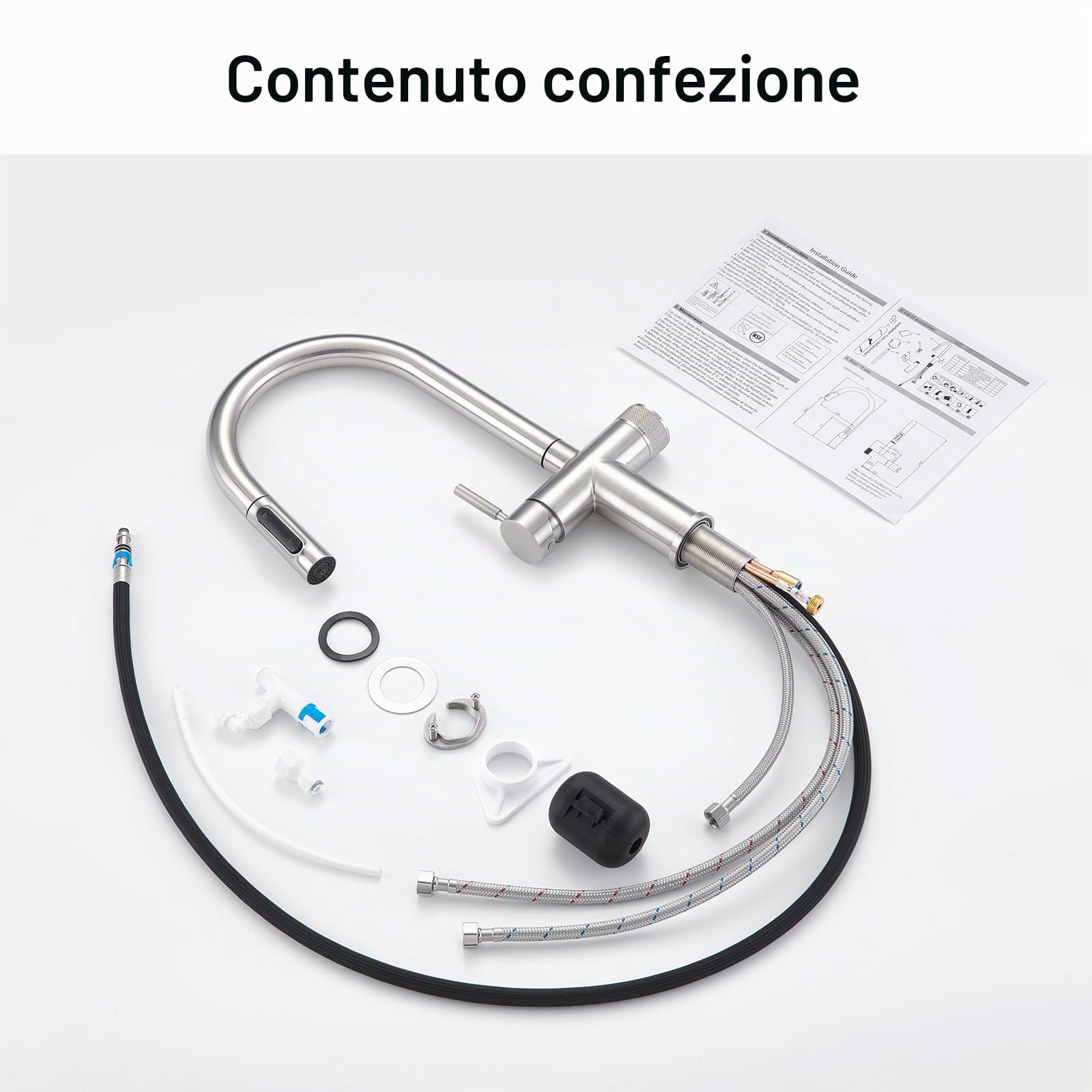 Faustina Rubinetto da Cucina a 3 vie con Doccetta estraibile, Rubinetto da Lavelli per Cucina a doppia leva 3 in 1 per filtro Dell'acqua Osmosi spazzolato