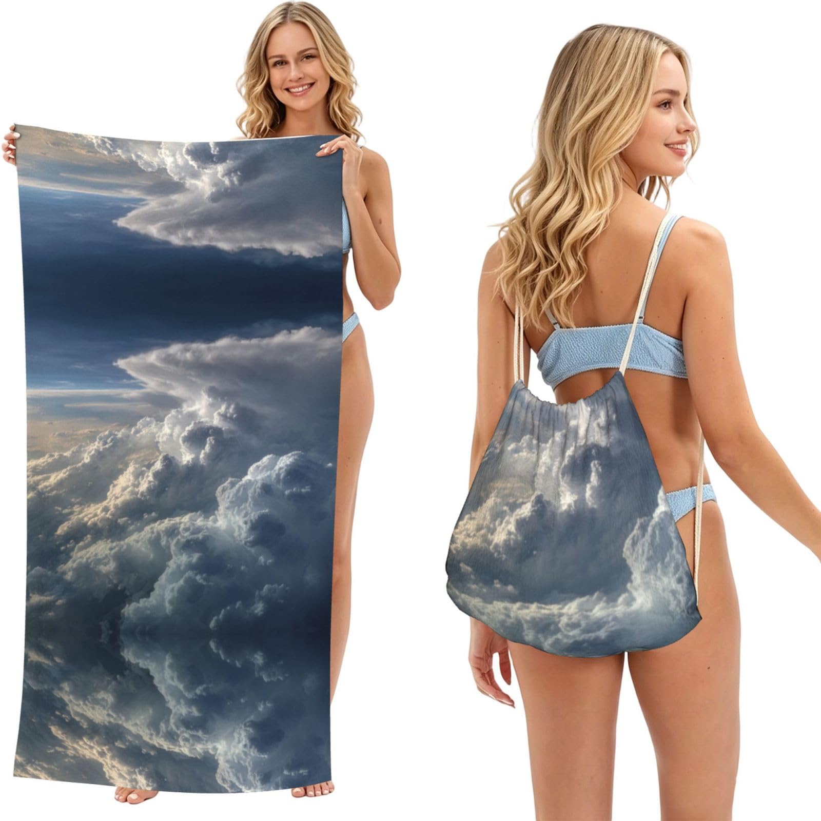 ESNAIUVCD Thunderstorm Print Beach Towel For Adults,Towel With Drawstring Bag, Travel Pool Swimming Sports Shower Sand Free Quick Dry Bath Towel For Pool, Beach, Yoga- 180x60cm