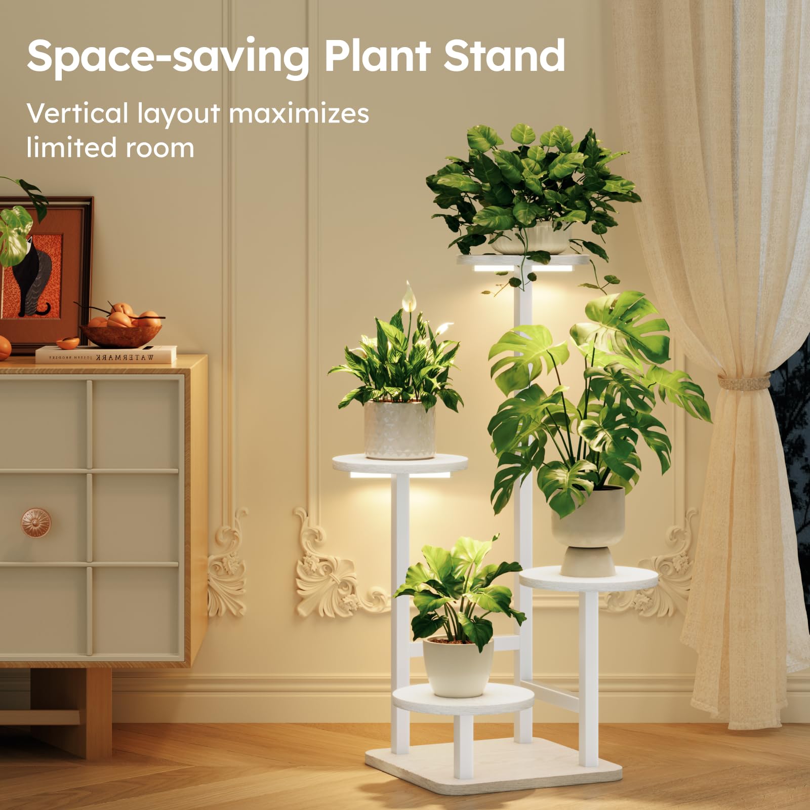 Homsorout Pflanzenständer Innen mit Wachstumsleuchte, 4-stöckiger hoher Pflanzenständer innen, Pflanzenregal aus Metall mit einstellbarem Licht, ideal für Wohnzimmer, Garten, Terrasse, Weiß