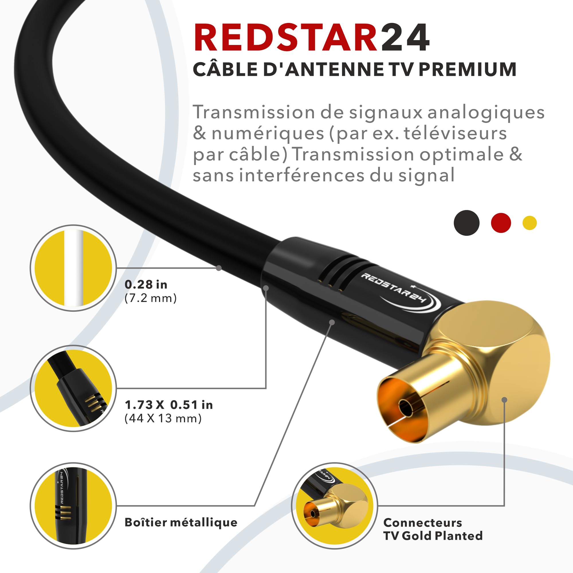 RedStar24 Câble d'Antenne 1,5m Noir - Mâle à Femelle 90° Coudé Coaxial - HDTV Premium pour Télévision par Câble | Compatible avec TV, Radio, DVB-T/T2, DVB-C, DAB