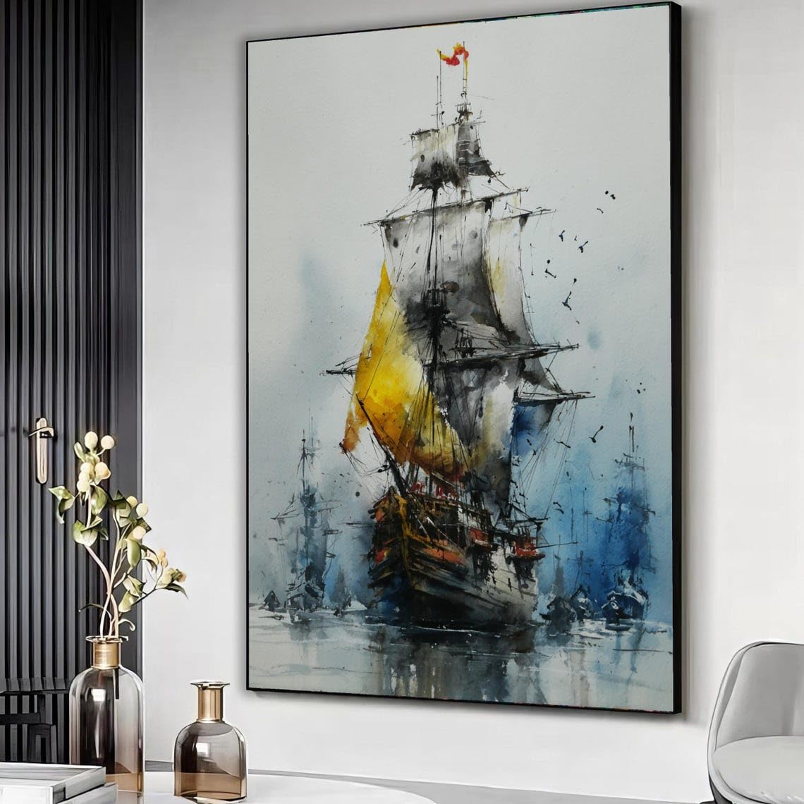 XBTYKPB Vintage Sailing Ship Canvas, Nautical Watercolor Wall Art, Maritime Decor, Ocean Ship Painting, Canvas Home Decoration(50x75cm/Frameless)