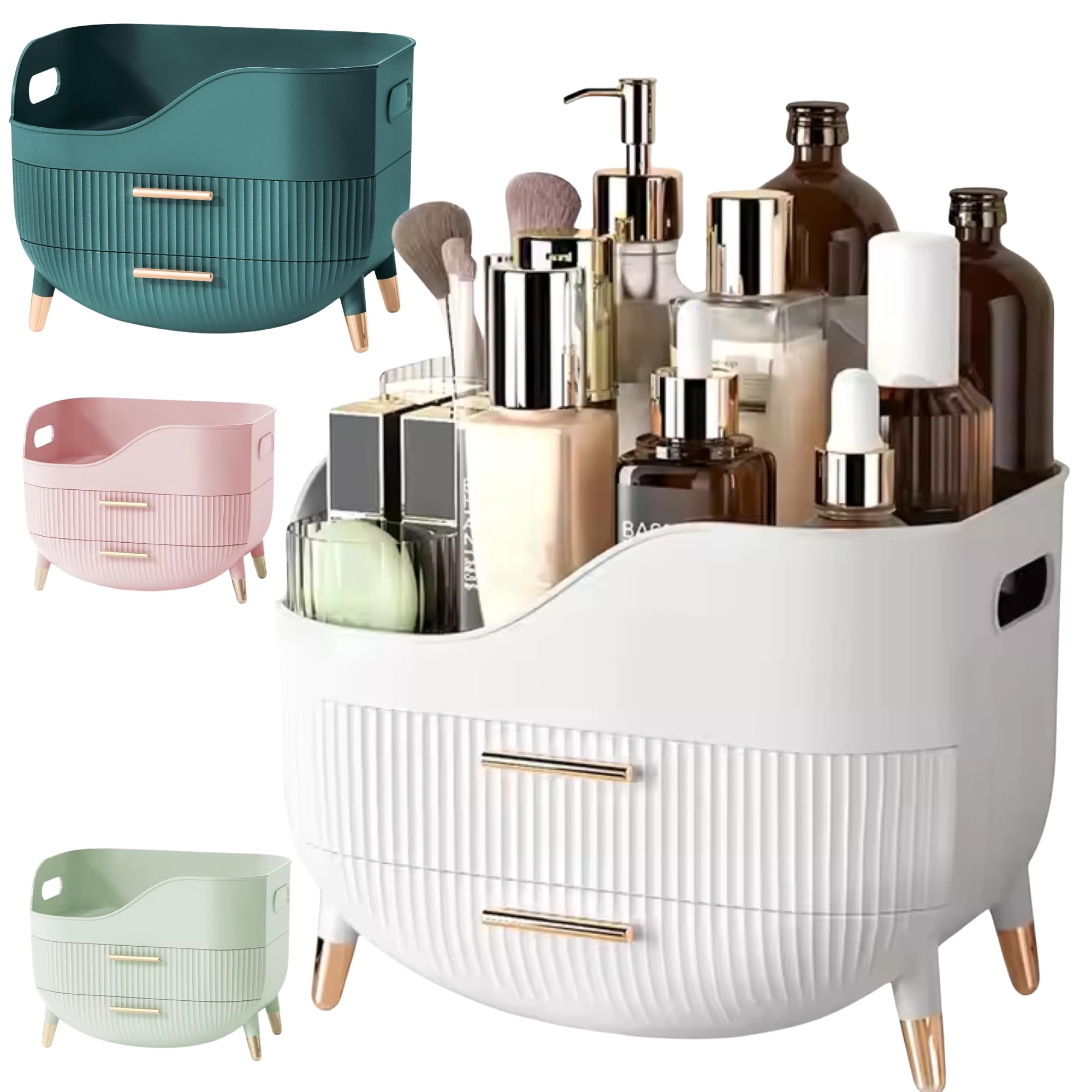 YouberrySilk Make-up Organizer Vintage Stil – Kosmetikbox Mit 3 Schubladen, Pinselhalter, Grün