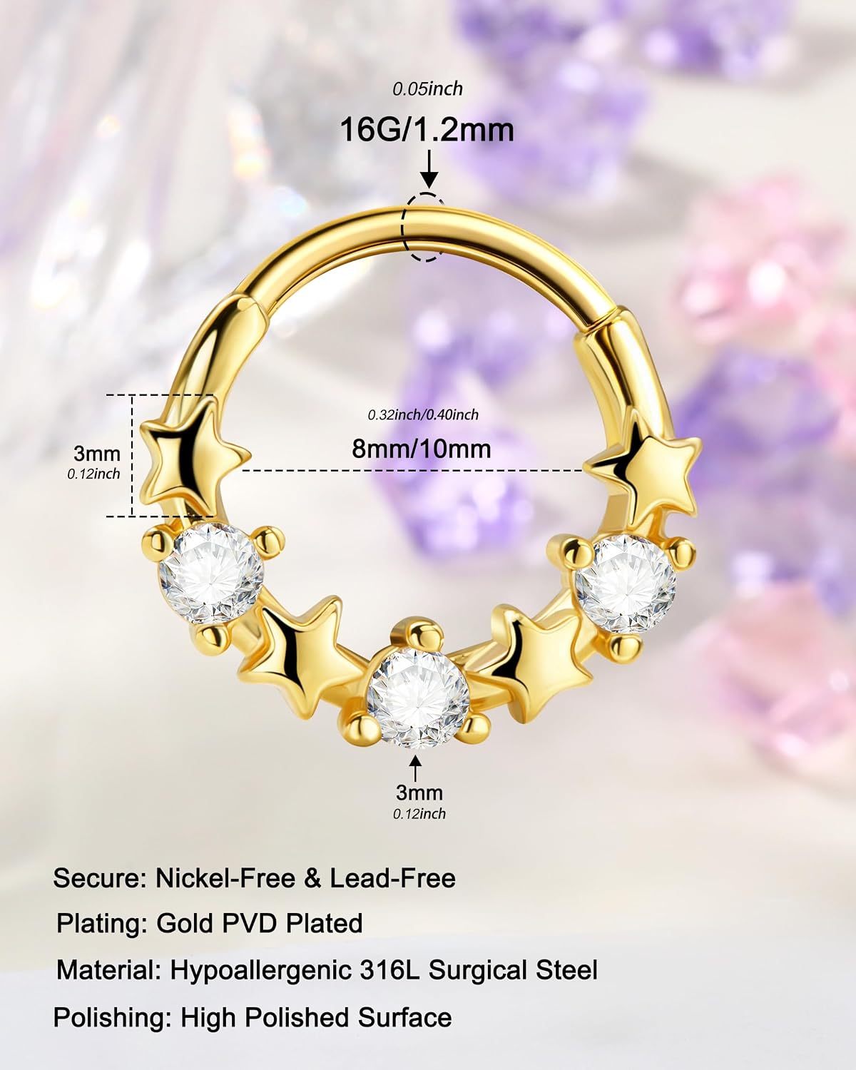 Jewseen Septum Ring 16G Star Septum Piercing Jewelry 316L Stainless Steel Helix Daith Earrings for Women 8MM 10MM Daith Piercing Jewelry Surgical Steel