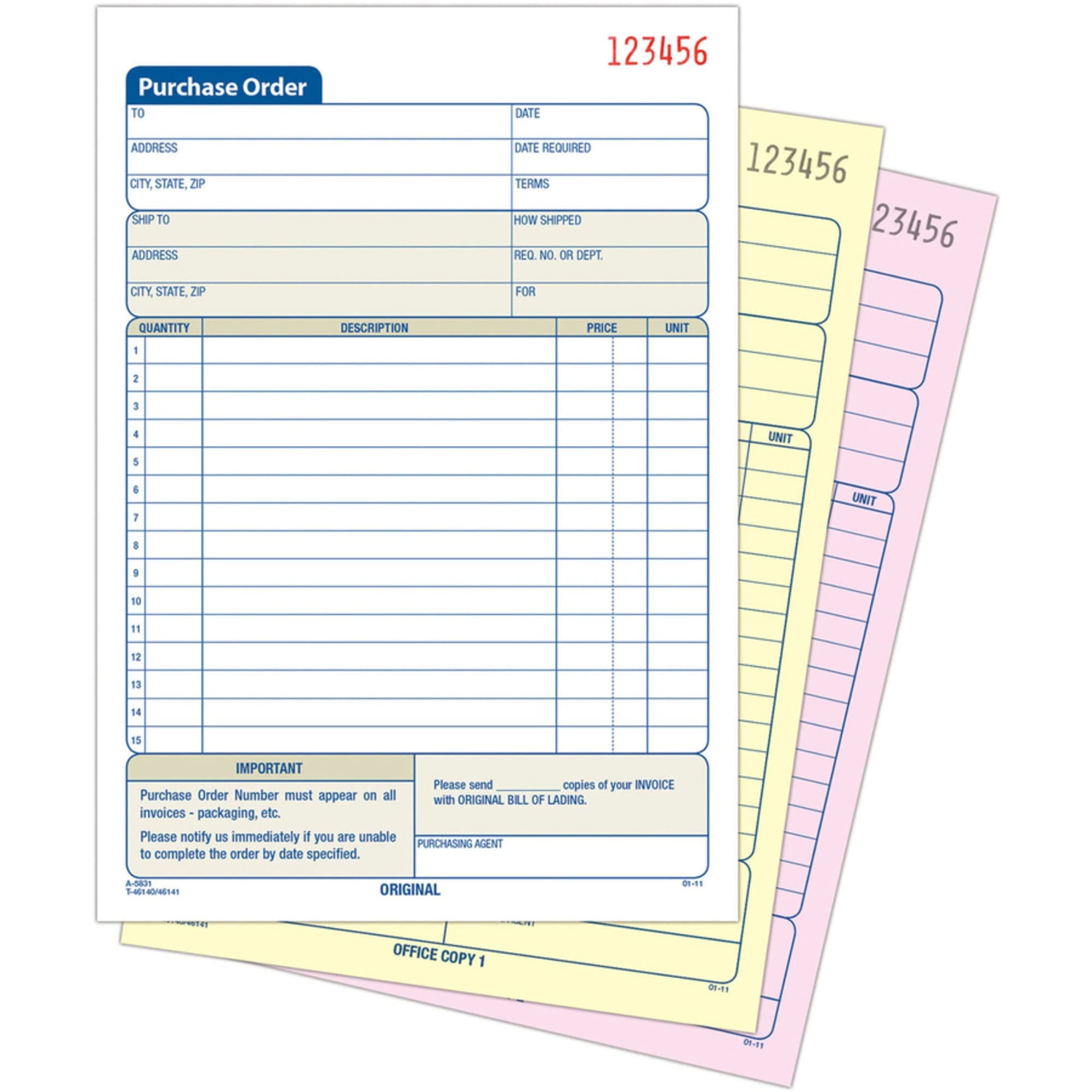 Purchase Order Form, 3-Part, 5-9/16"x8-7/16, Sold as 1 Each
