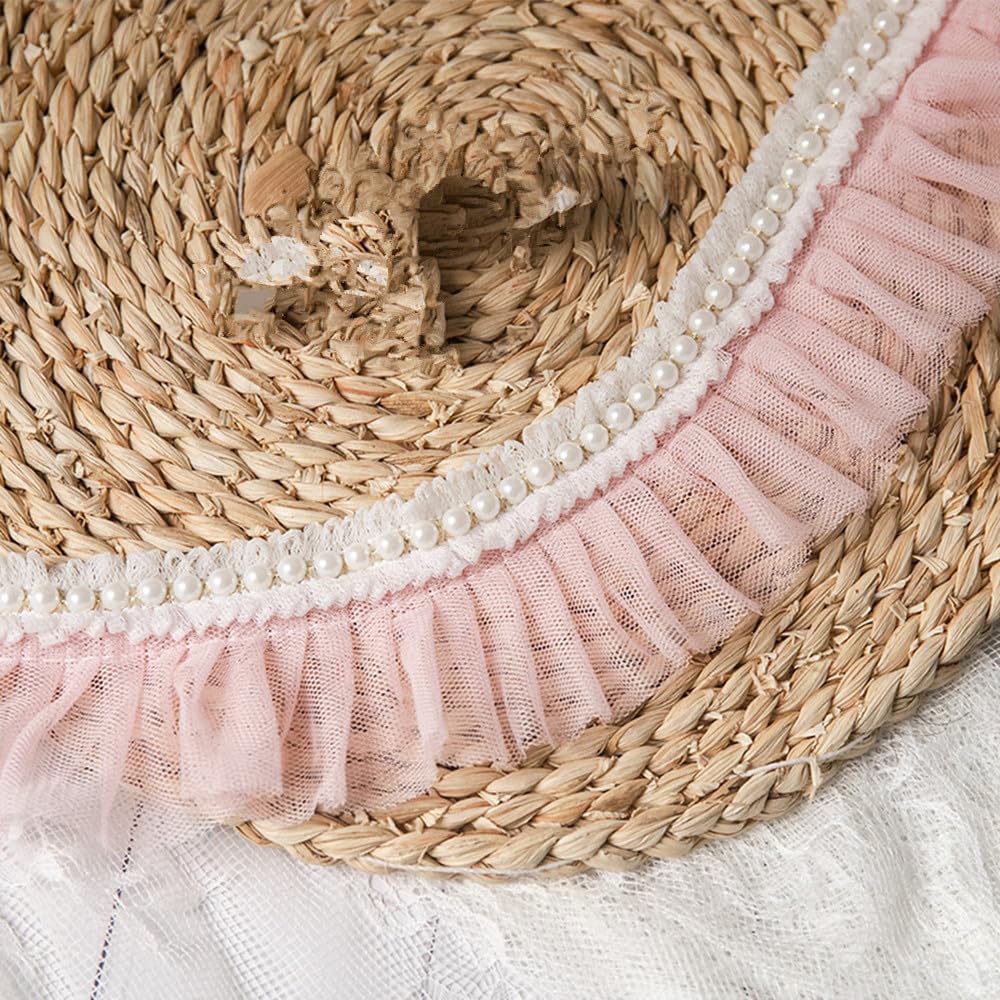 2 Yard Ruffled Beads Lace Edge Trims Chiffon Ribbon Tulle Pleated Pearl Lace Trimming for Doll Making Wedding Cake Tulle Dress Gown Design (Pink) - Image 3