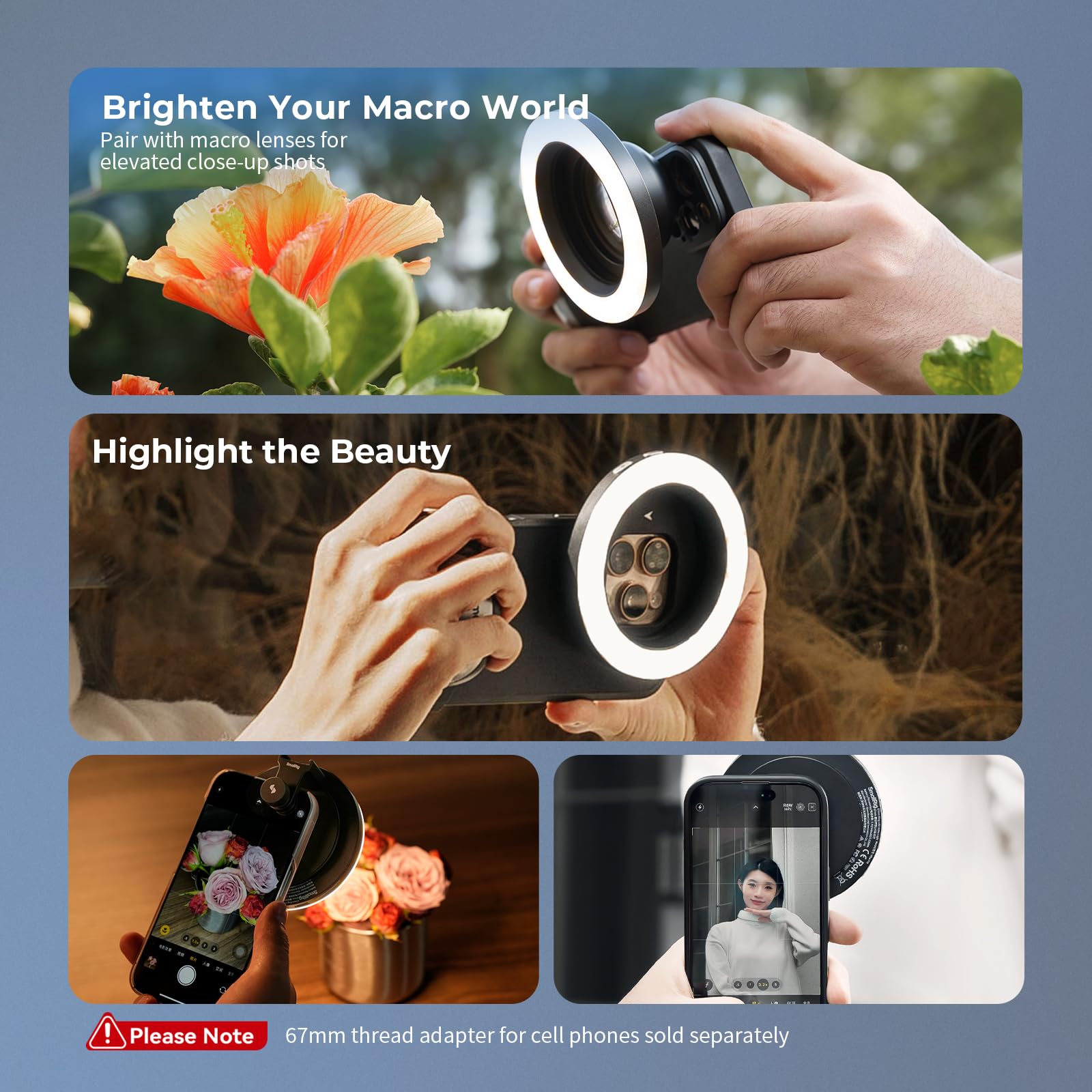 SMALLRIG Vibe P30 67mm Ring LED Videoleuchte, Zweifarbiges Licht in Pulvergröße mit Hohem CRI ≥90, Kompatibel mit 67mm Telefonhalterungen/Hüllen/Objektiven, für die Erstellung von Lnhalten - 4873