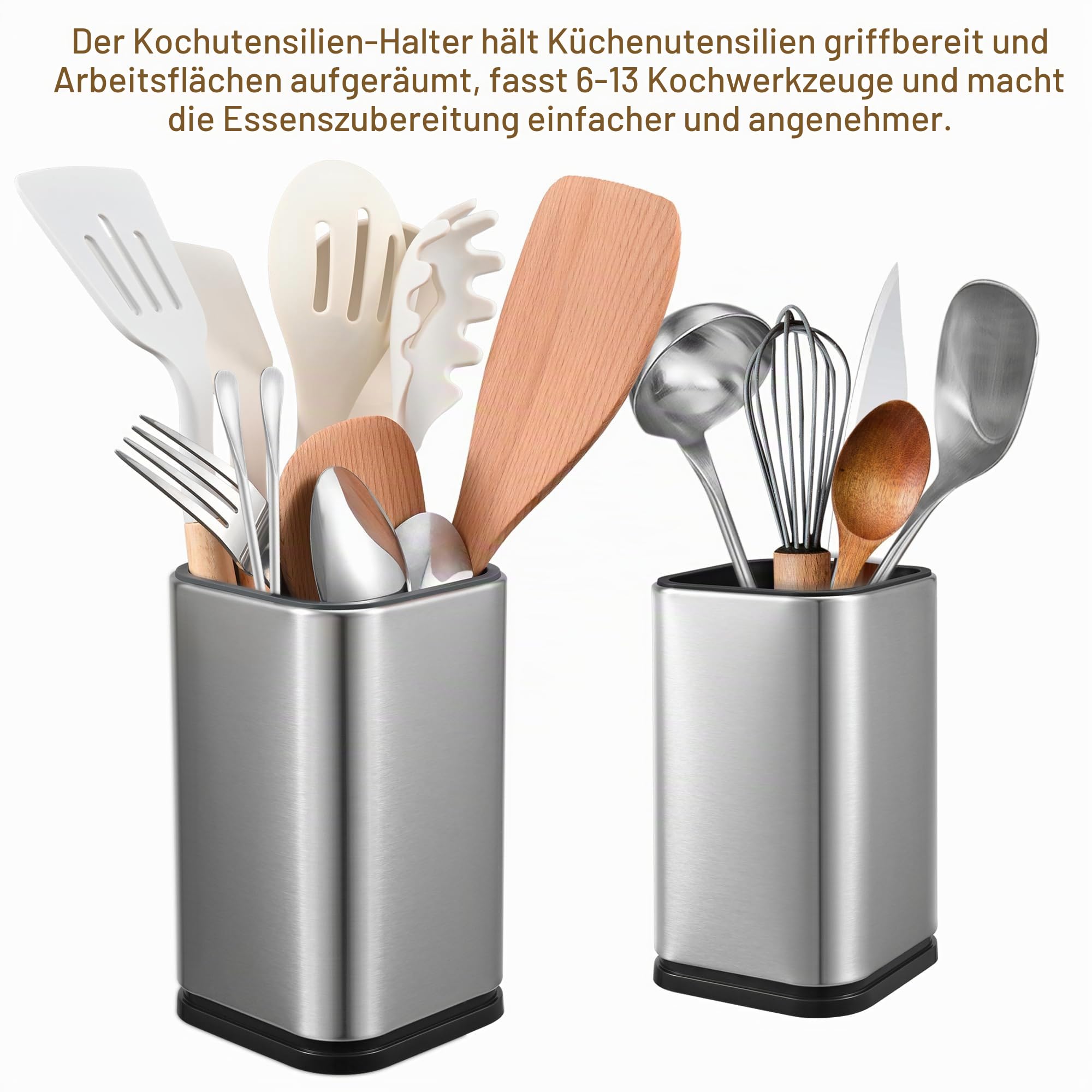 Quadratischer Edelstahl-Küchenutensilienhalter, Küchenutensilien-Organizer, Arbeitsplattenhalter für Spatel, Löffel, Gabel, Zange und Schneebesen