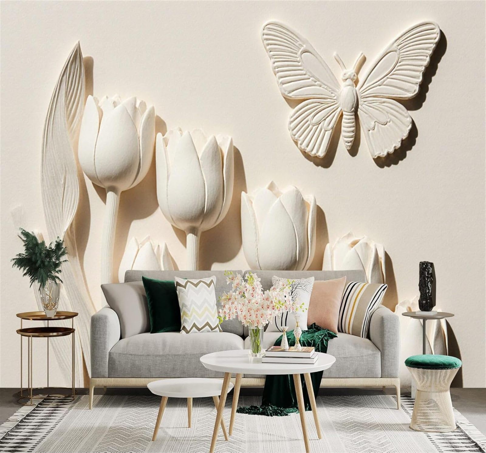 XLMING Relief White Tulip Butterfly Artistic Style 3D Wallpaper Premium Textured Silk Study Dining Living Room Bedroom Sofa TV Wall Easy Install-430cm×300cm