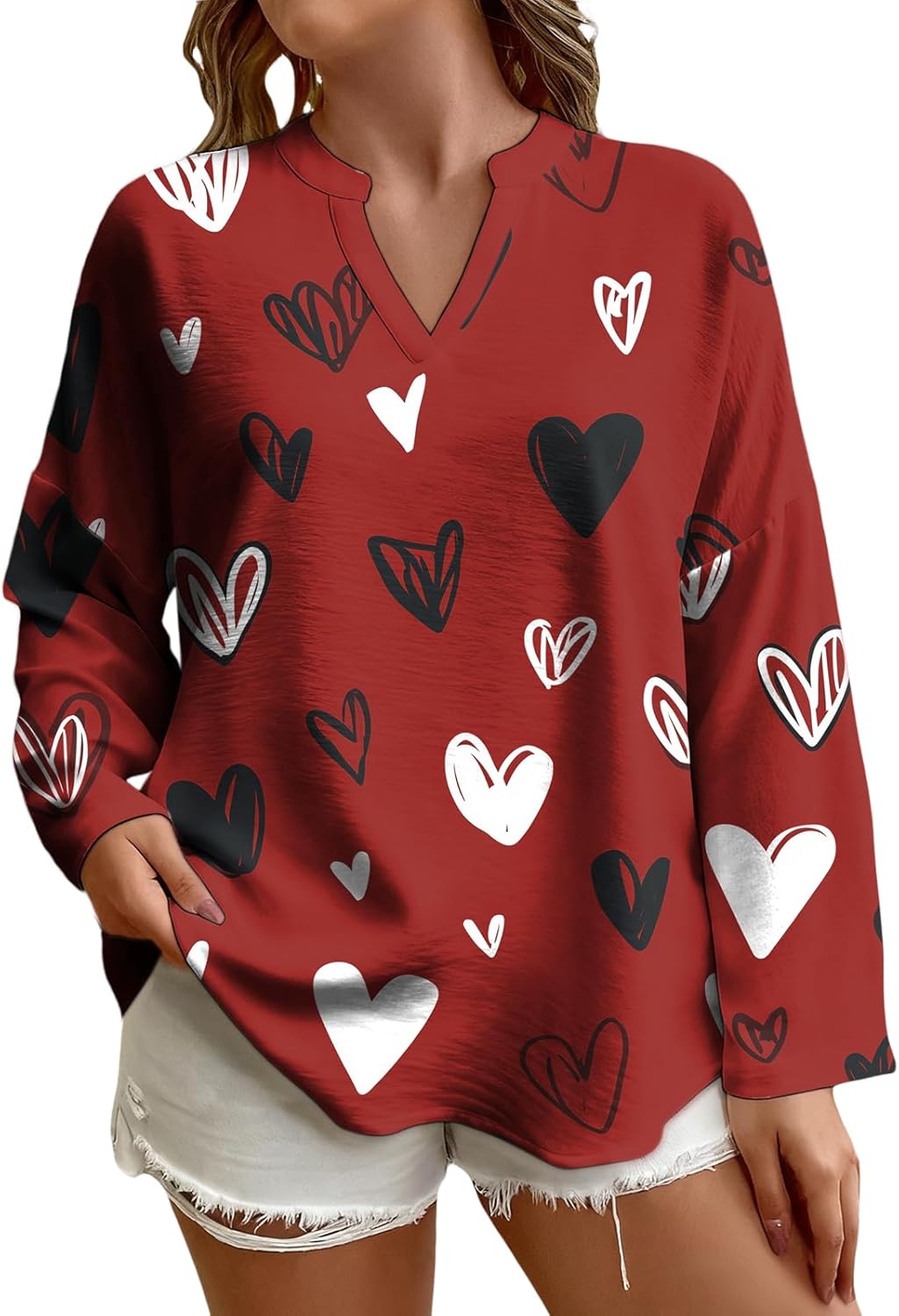 Graphic Shirts for Women Novelty Printed Long Sleeve Loose Causal Blouses V Neck Fall Pullover Tops