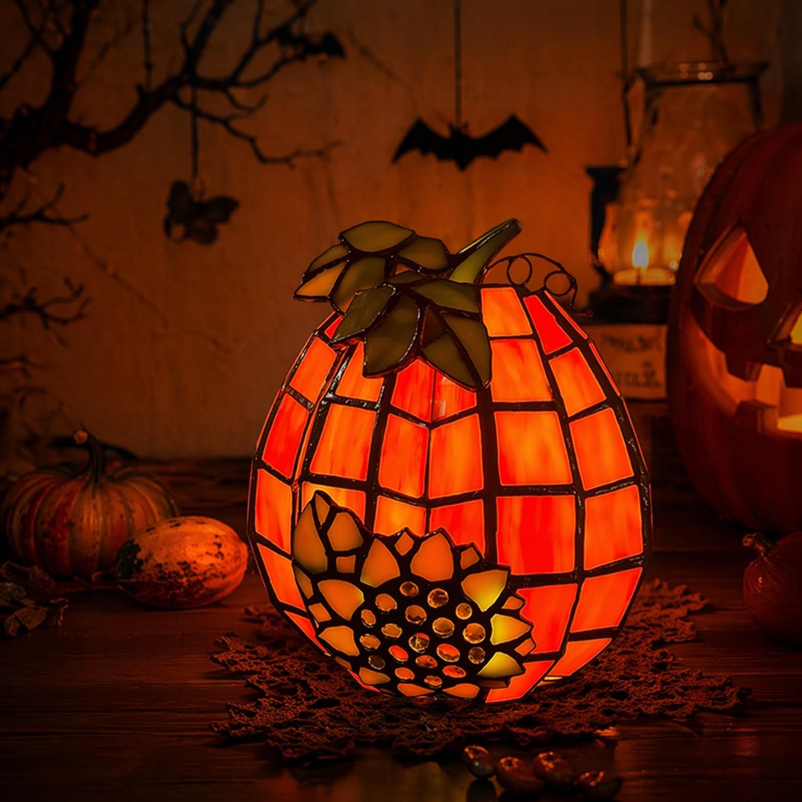 Halloween Stained Glass Pumpkin Lamp, Jack-O-Lantern Stained Glass Light