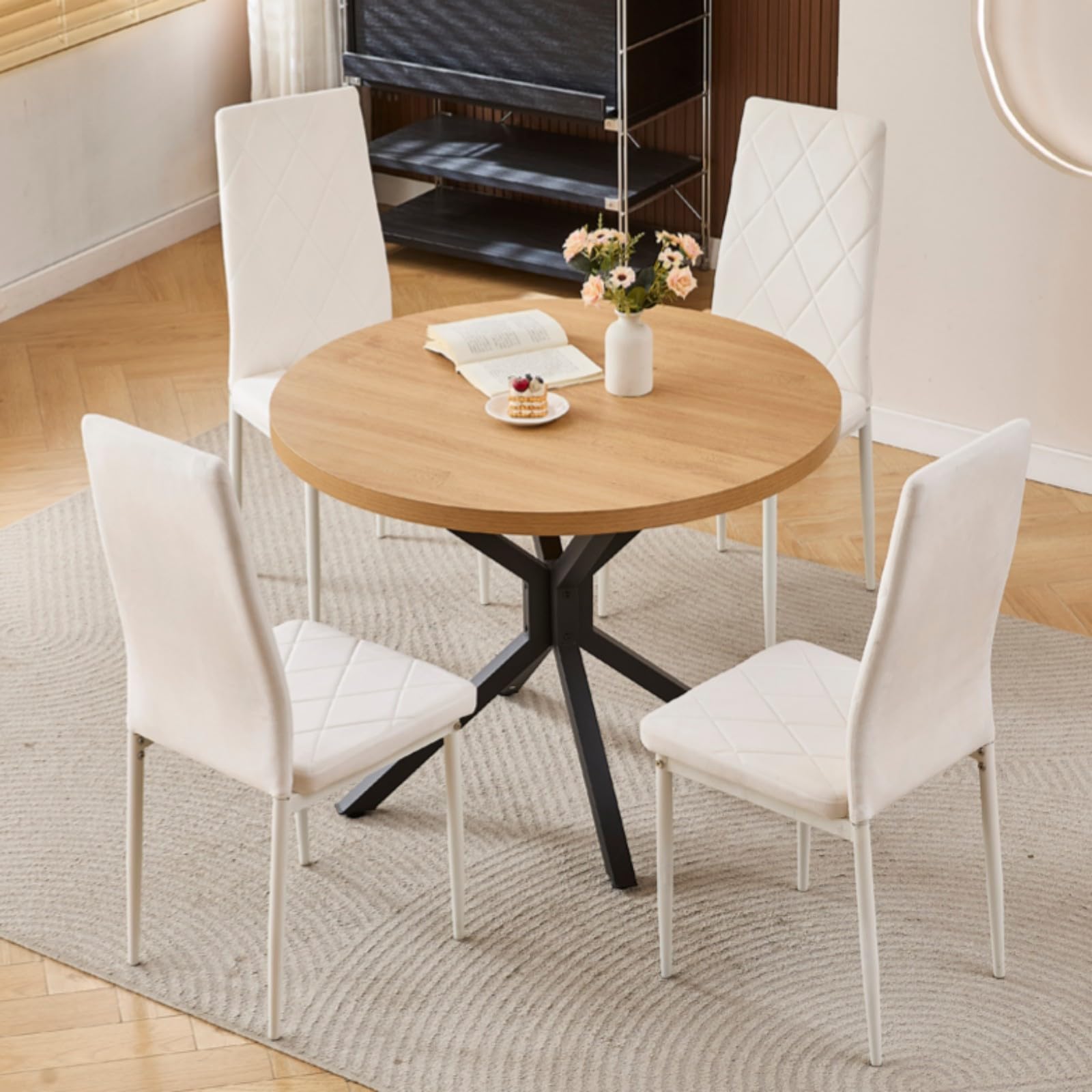 Homullel Round Dining Table and Chairs Set 4 Seater Kitchen Dining Set, 5 Pieces Table & Chairs Dinner Table Set for 4 (95cm Wooden Table with 4 Chairs, Flannel White #2)