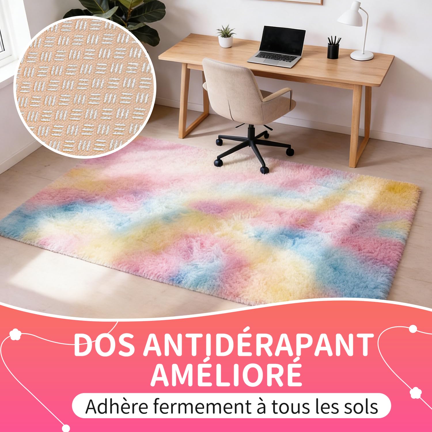 Tapis Rond 120 CM Arc-en-Ciel Tapis Chambre Fille Lavable Antidérapant Ultra-Doux Moelleux Grand