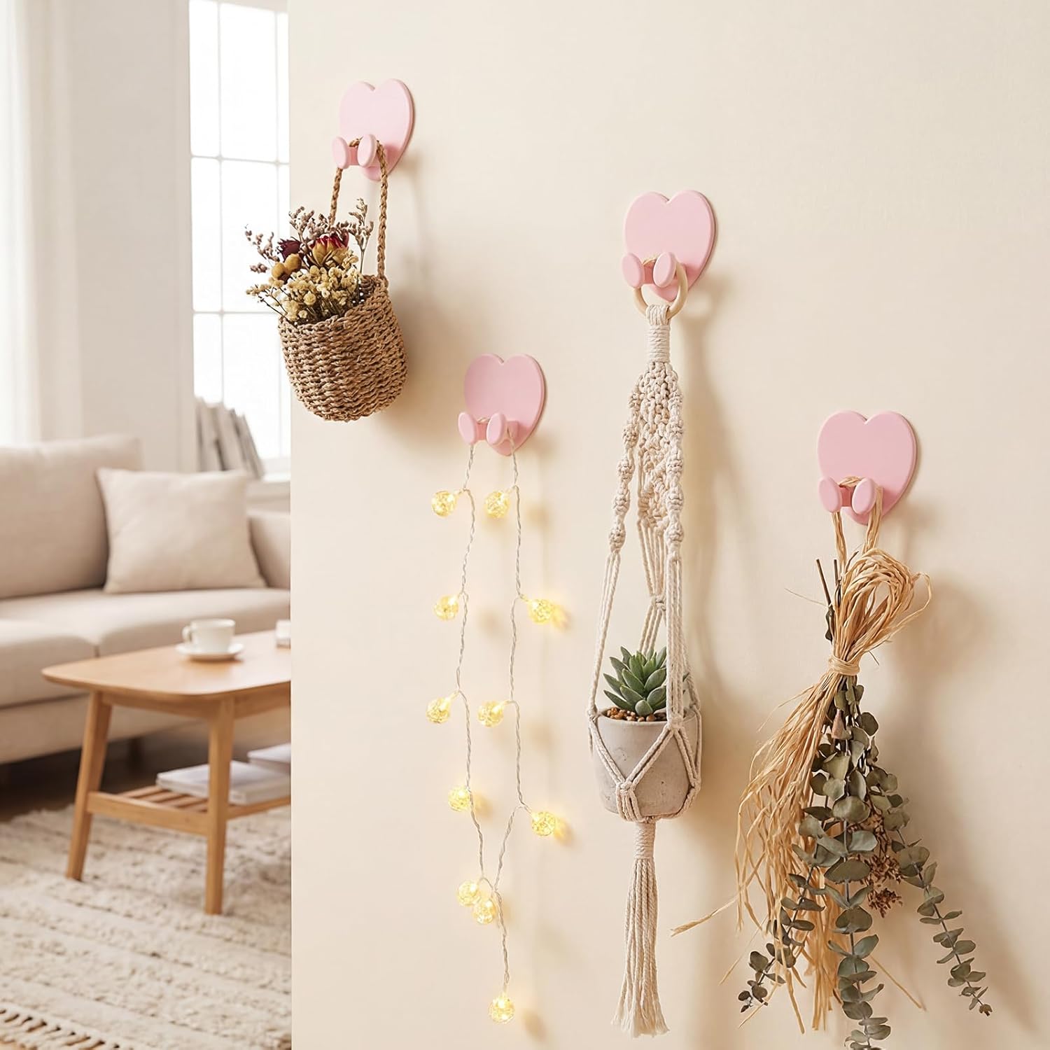 4 Pcs Heart Adhesive Hooks, Small Decorative Command Hooks, Damage-Free Wall Hooks for Hanging Razor, Jewelry, Keys, Cables, Dorm Decor & Kitchen Organization(Pink)