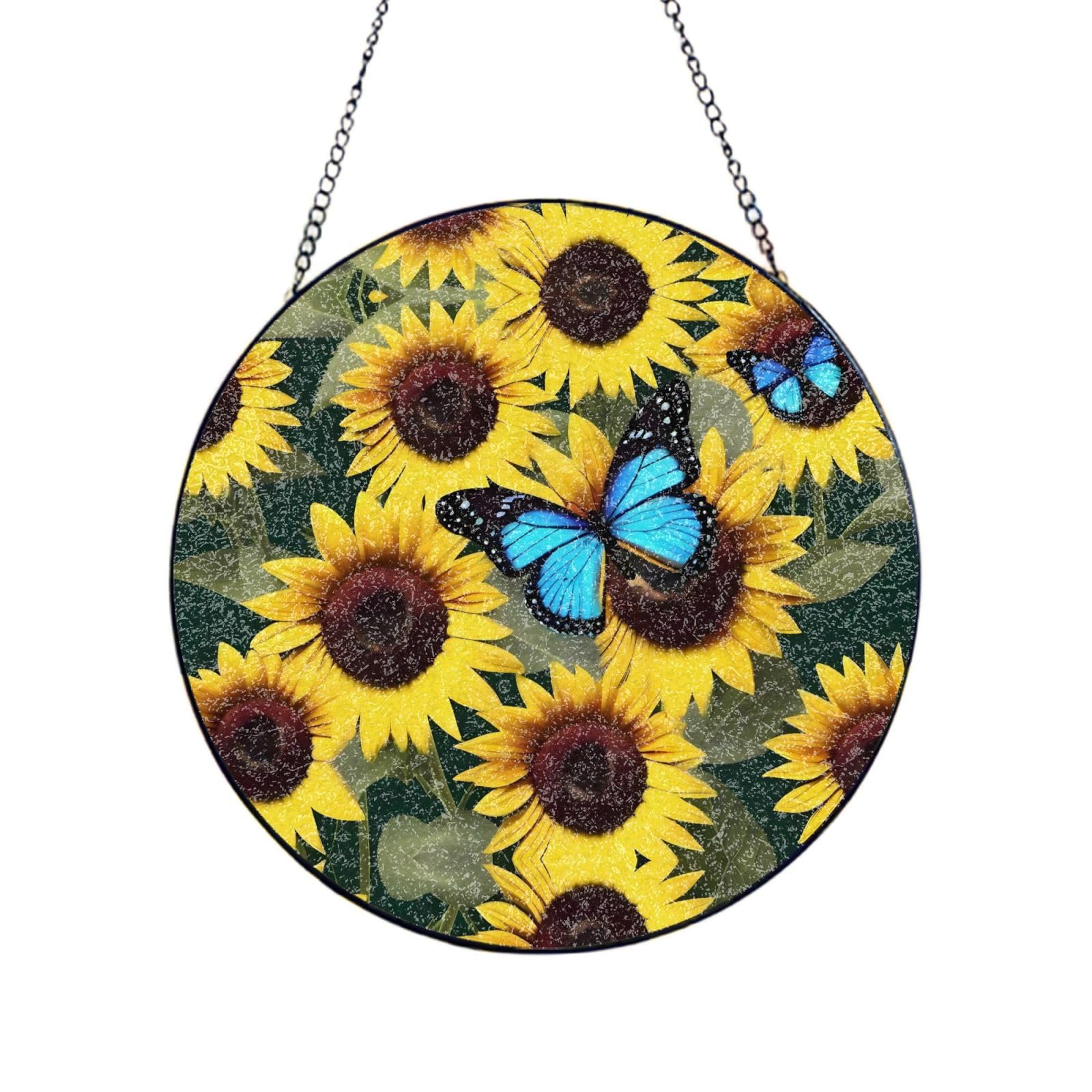Phayah Blue Butterfly On Sunflower Print Glass Window Hanging Sun Catchers Suncatcher Decor For Birthday For Home Garden Porch 12in（30cm）