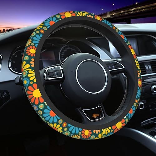 Miniatura 3 de Funda universal para volante de automóvil de flores hippie de 15 pulgadas, transpirable, antideslizante, accesorios de automóvil para la mayoría de