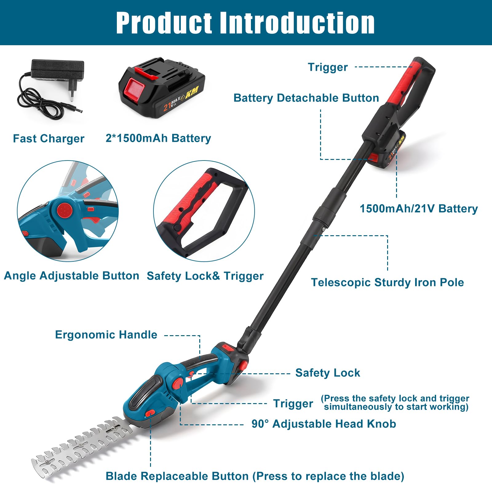 24V Akku Heckenschere mit 100cm Verlängerungsstange, 4 in 1 Akku Grasschere & Strauchschere mit 2x1500mAh Batterien, Max 5.25ft, 90° Verstellbar, Elektrogartenscheren mit 120mm+230mm Klingen
