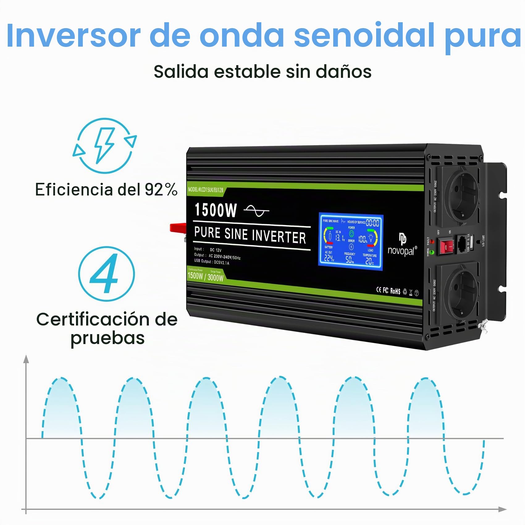 Novopal 1500W/3000W Inversor 12v 220v Onda Pura Convertidor de Voltaje | 5 m Mando a Distancia, LCD-Display+USB, 2 EU Tomas para Coche, Caravana, Barco, Camping