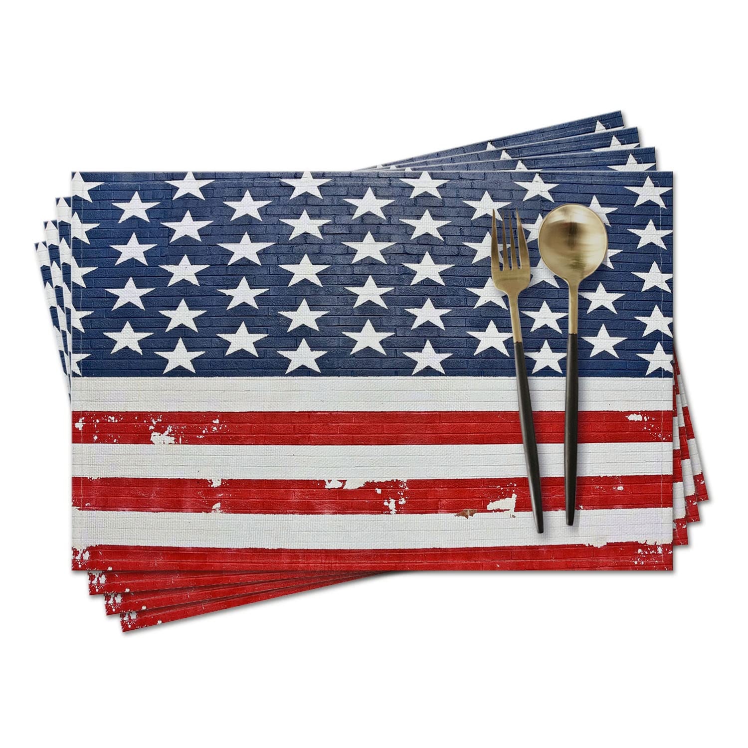 Blue Cotton Linen Cloth Placemats 18 x 12 Inches,Rustic Farmhouse Fabric Placemats Set of 4,Stylish and Heat Resistant Table Placemats for Dining Table,Kitchen & Camping - USA American Flag