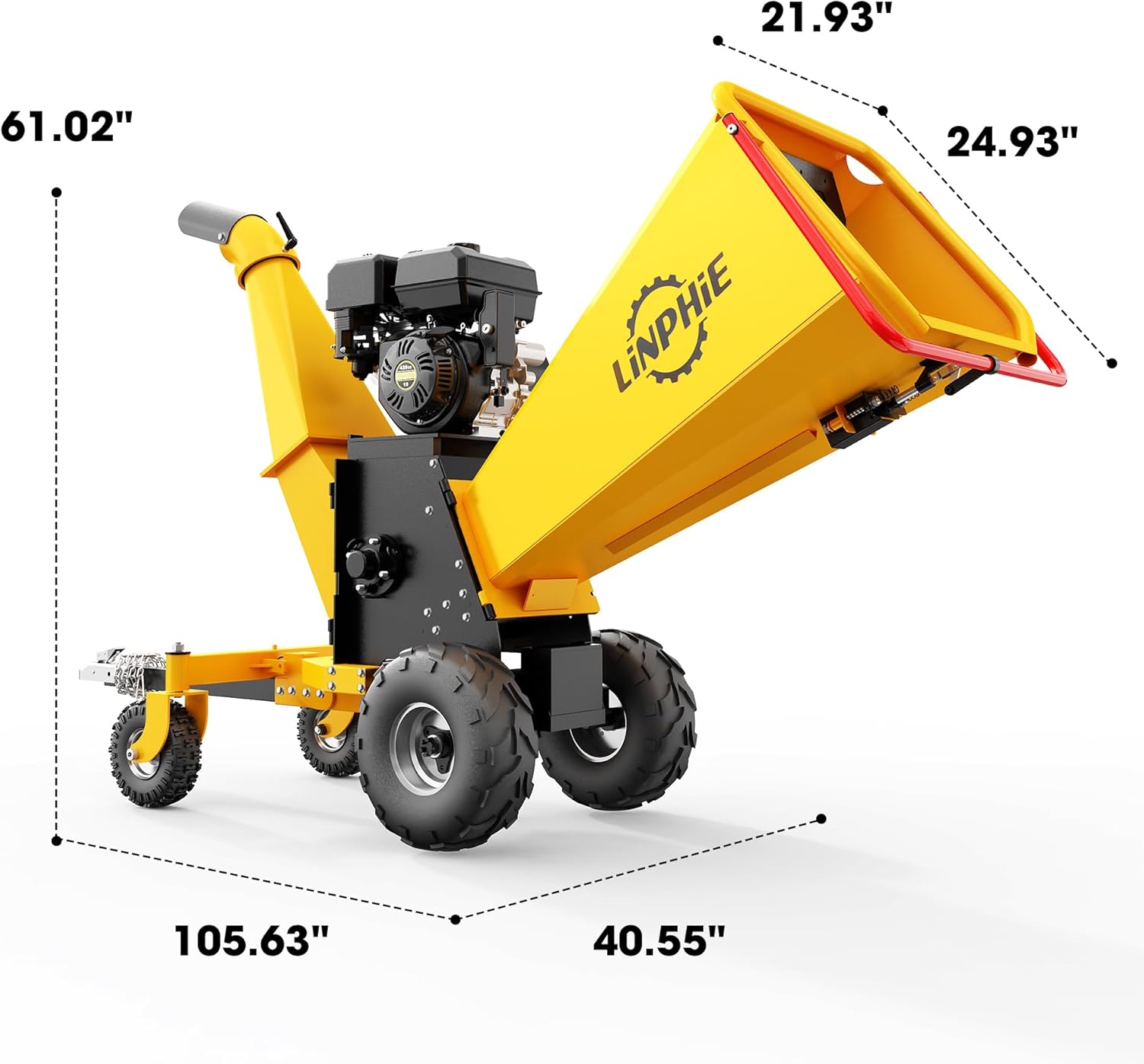 Wood Chipper 420cc Gas Powered Engine Wood Chipper Shredder Mulcher with E-Strat 4Wheels Towbar Tail Light Emergency Stop Switch (6'' Yellow)