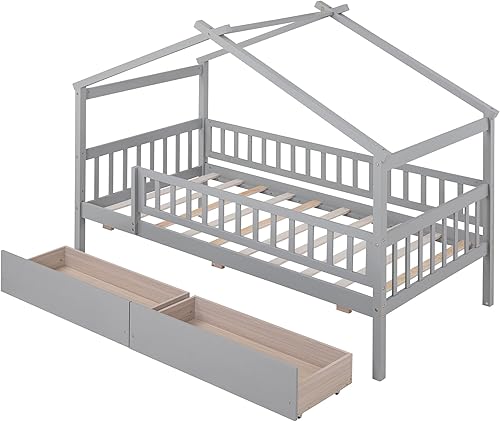 Miniatura 150 de Bellemave Cama de casa tamaño matrimonial con barandillas de valla, marco de cama de madera estilo Montessori para niños, divertidas camas de casa