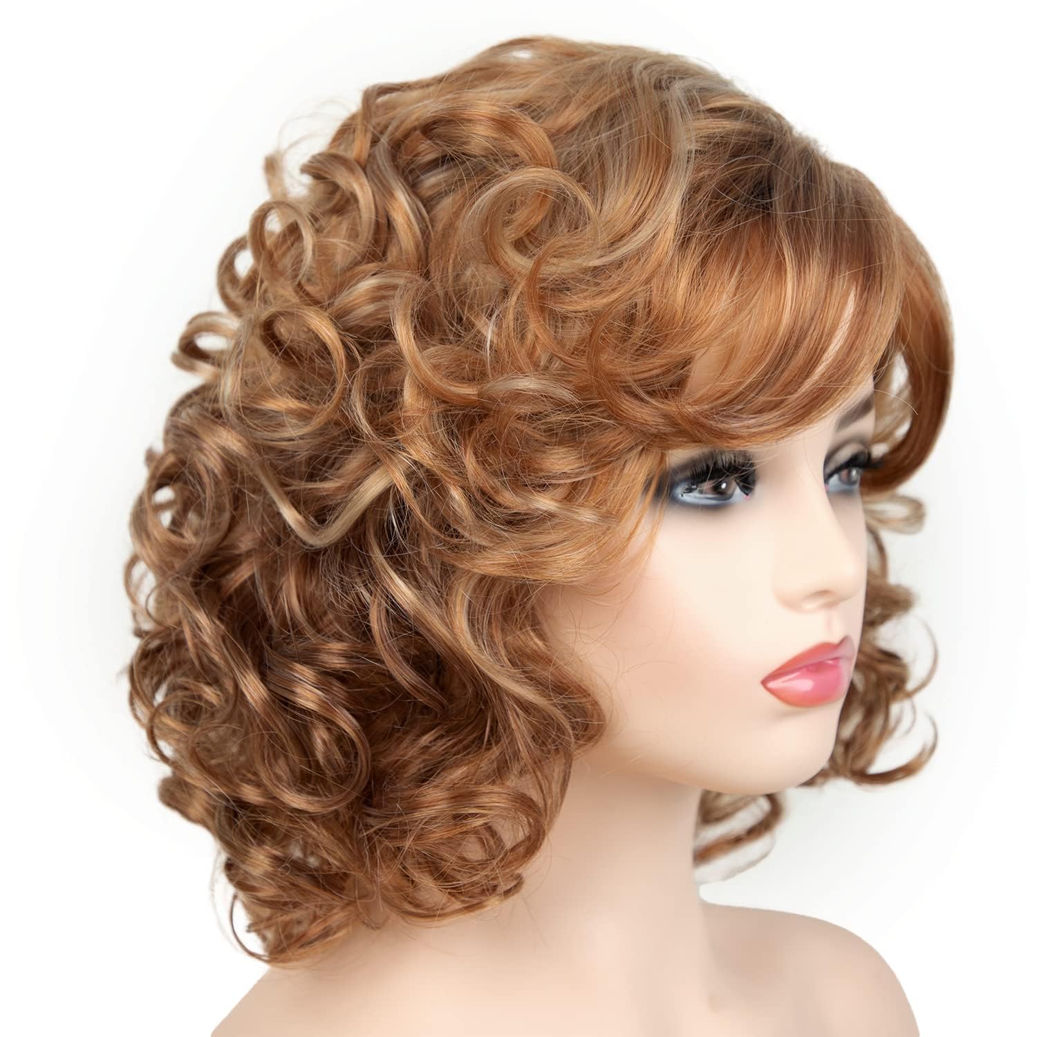 Short Brown Ombre Wigs Human Hair Mixed Synthetic Bob Wavy Dark Roots Heat Resistant Chin Length for White Women Daily Party Use