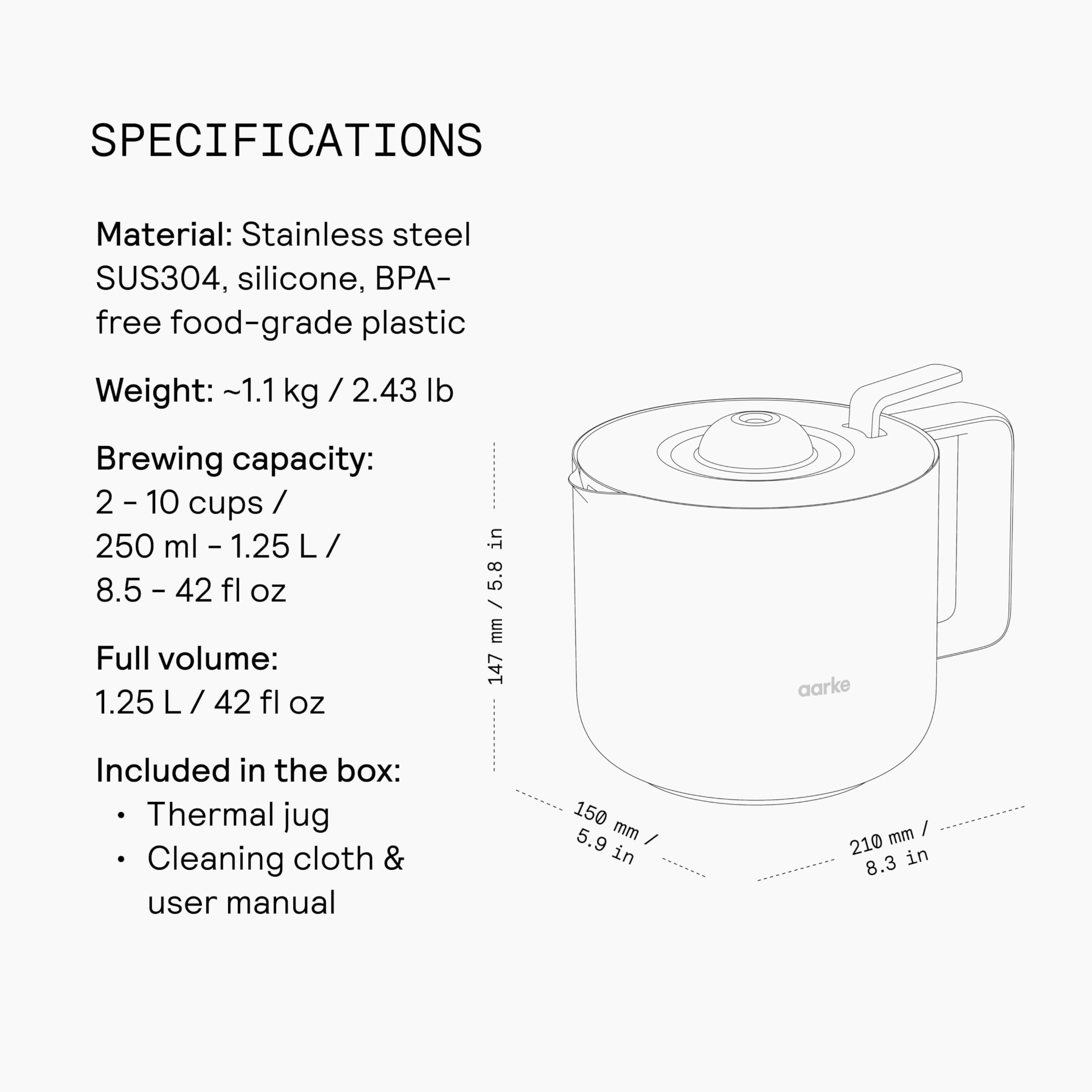 aarke Jarra térmica termo de acero inoxidable, de doble pared, compatible con cafeteras, capacidad para 10 tazas, 250 ml.