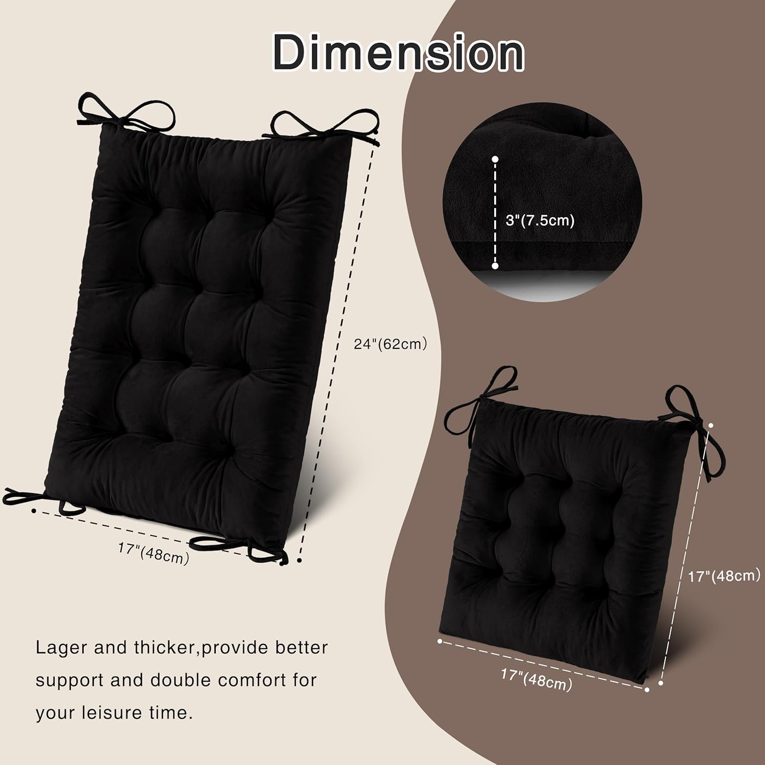 OVOV Thick Rocking Chair Cushion Warm Tufted Rocking Chair Pads Set of 2 with Ties High Back and Seat Cushion Suitable for Indoor Black
