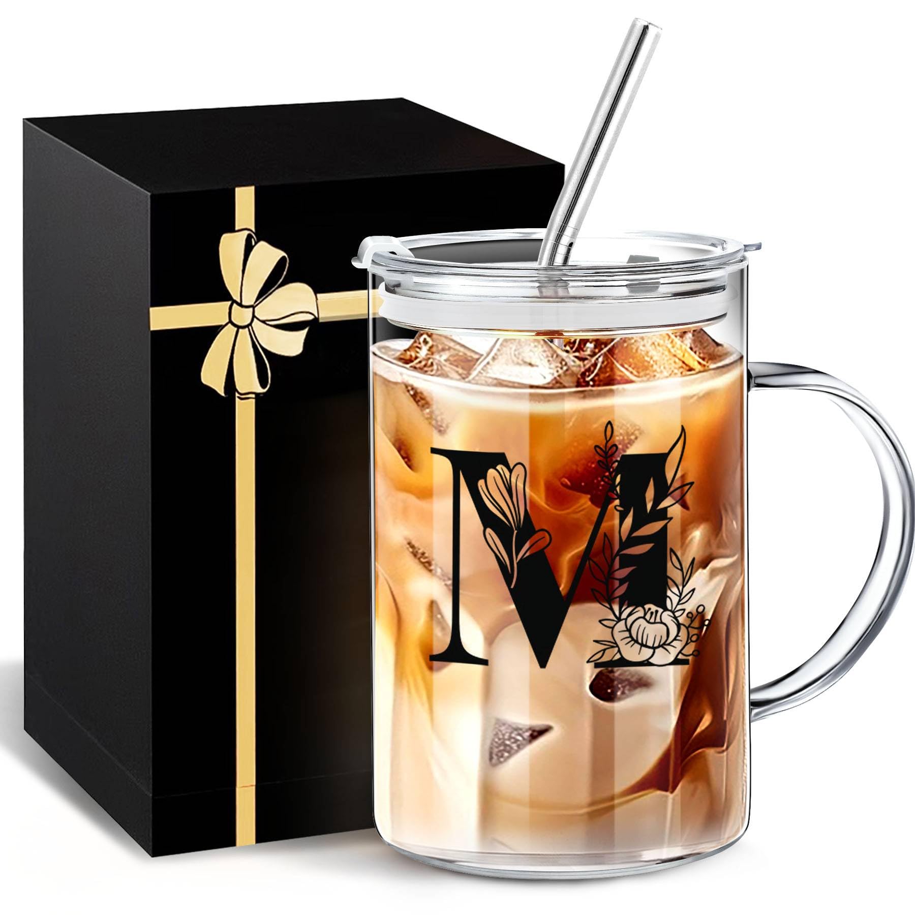 Yekidos Personalized Extra Large Glass Drinking Cup With Lid Straw Boss Gifts For Women Cute Mug Gift For Her Iced Glass Tumbler Initial Cup Retirement Gift Must Haves For Women Apartment Essentials