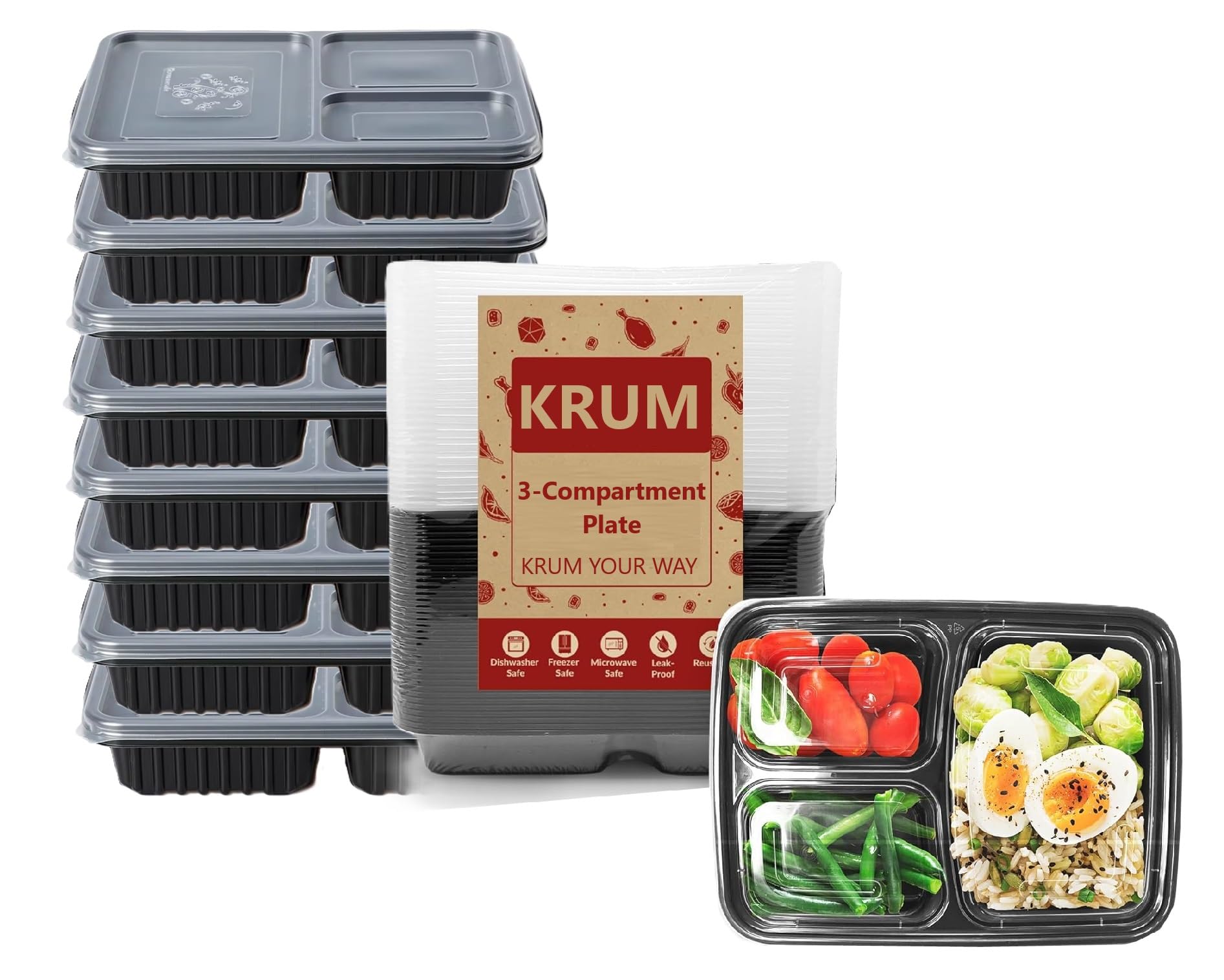KRUM Compartment Plate BPA-Free Tray, Microwave Safe Lunch Box Durable Reusable Food Serving Meal Plate for Office, Home, Restaurants, Canteens, Food Delivery Plate (3-Compartment Plate Pack of 25)