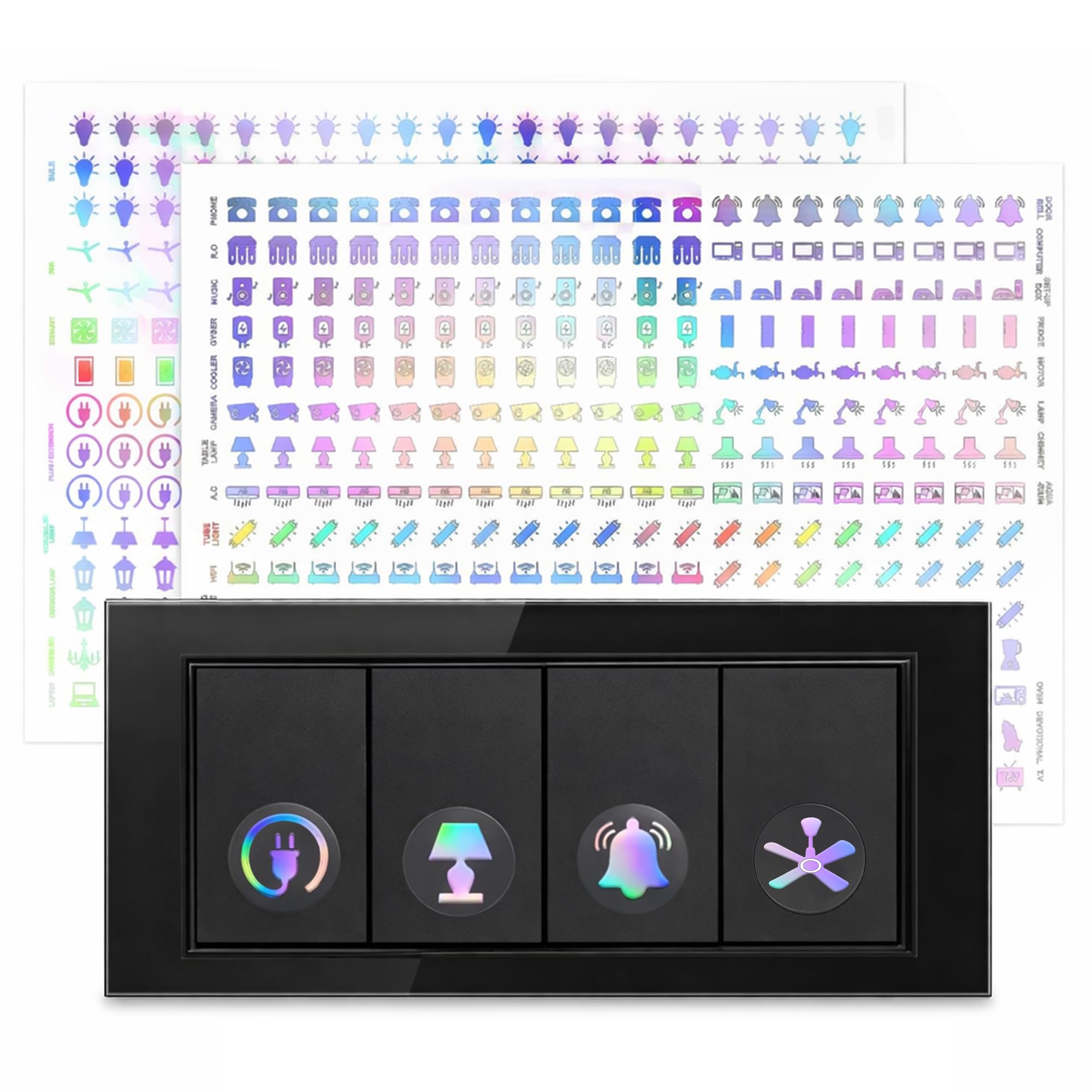 GLUN® 600 Switch Board Stickers with 60+ Icons, Prism Glow Effect Embossed Decorative Stickers for Home, Hotel, Office & School, Luxury Vinyl Self Adhesive Switch Covers for Fans & Appliances