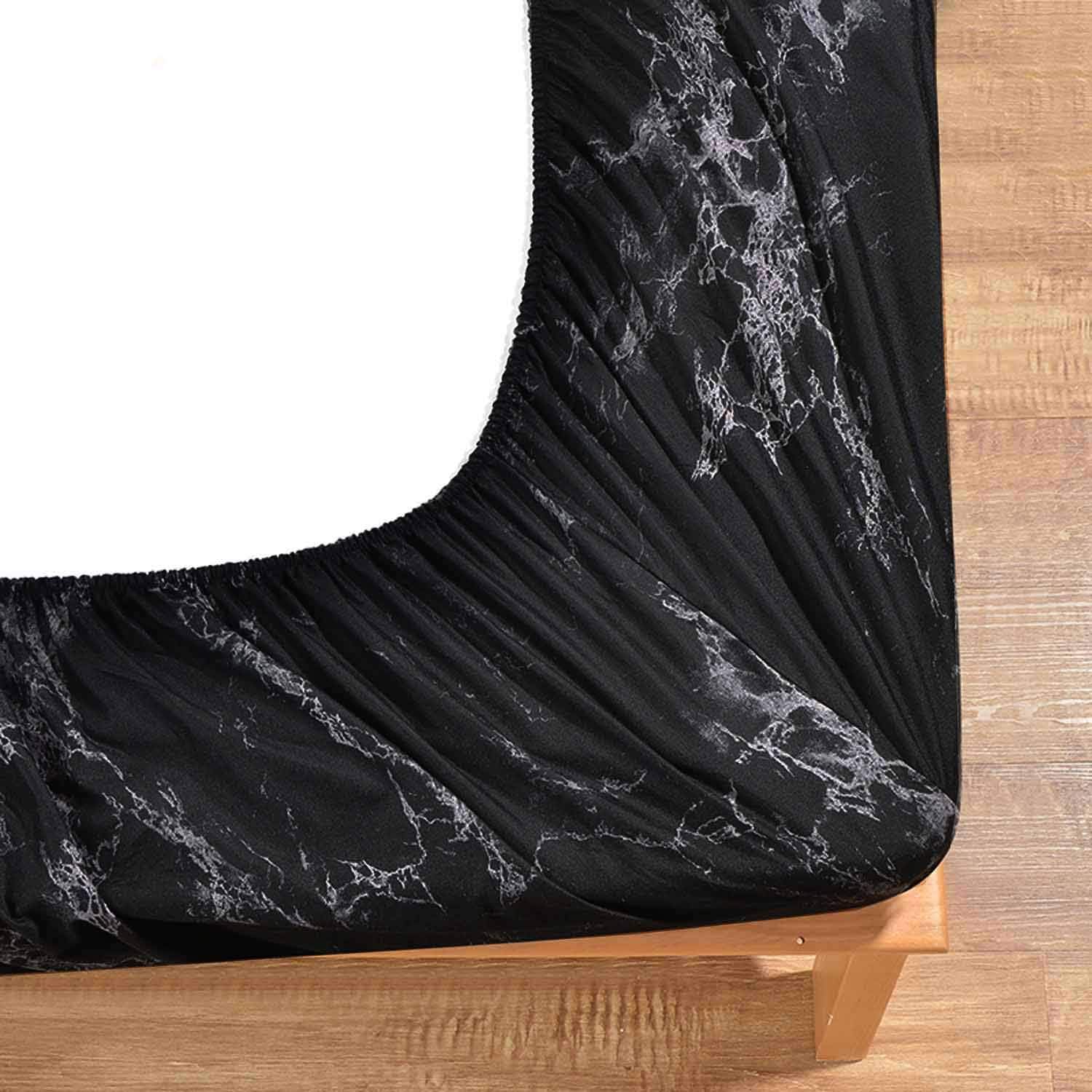 Nanko King Fitted Sheet 78x80 Deep Pocket Mattress Only Black Marble Printed Luxury Cool Soft Lightweight Microfiber Bedding Set 2 Pillowcases 11 12 14 inch