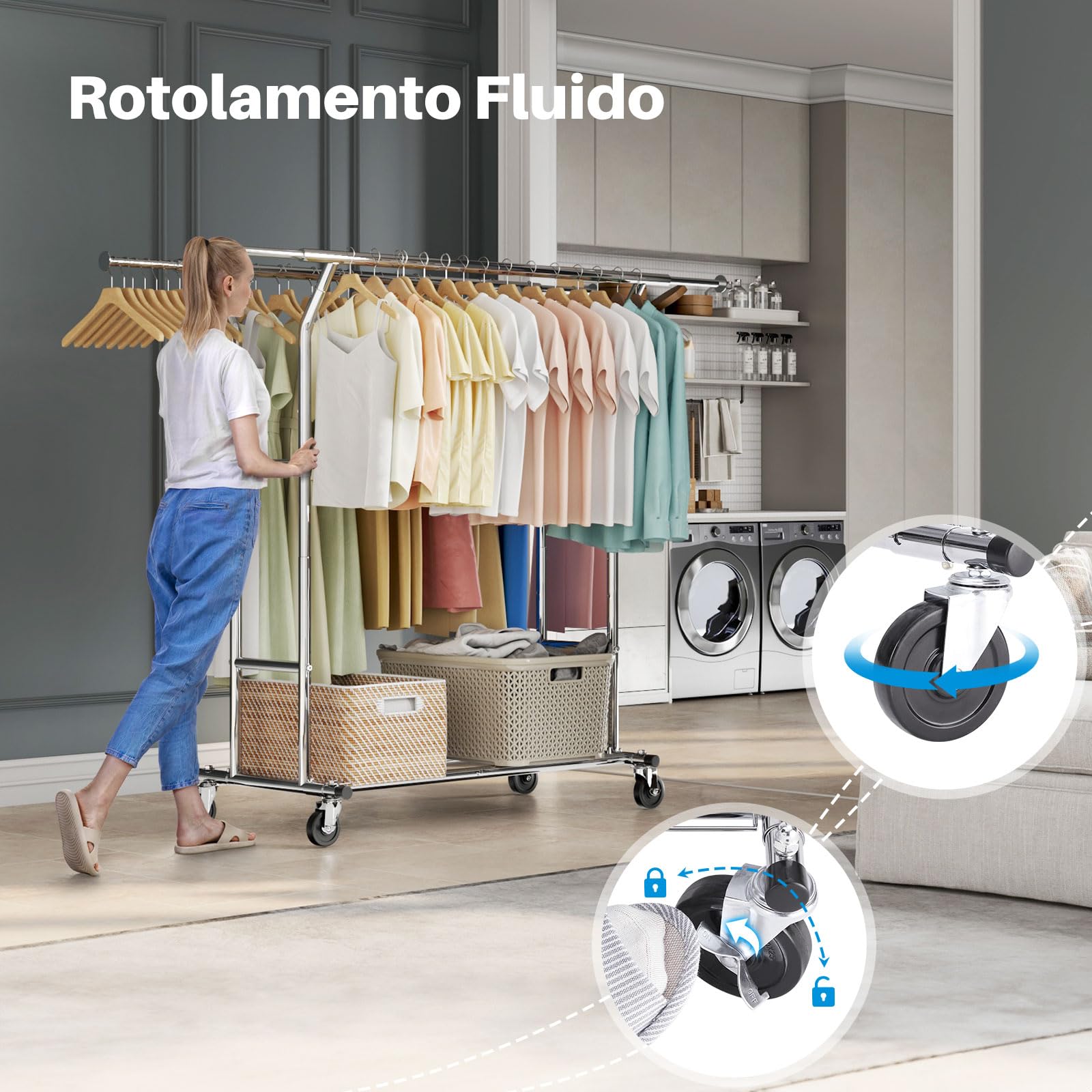 HOKEEPER Appendiabiti doppio resistente, regolabile, pieghevole, con ruote, capacità di carico di 180 kg, per abbigliamento commerciale, finitura cromata