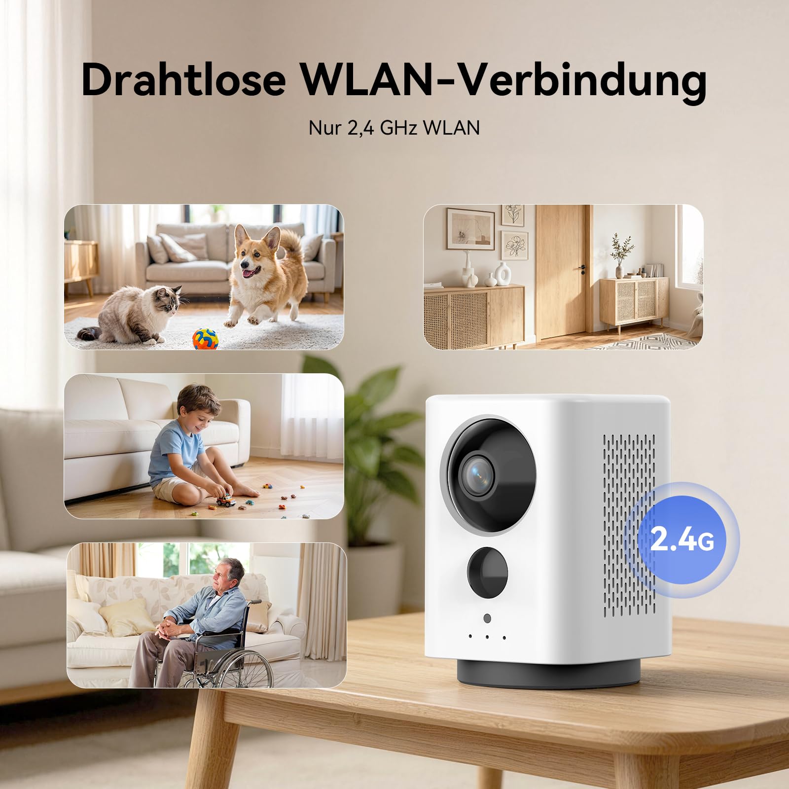 2K WLAN Überwachungskamera Innen 7800mAh Akku, Indoor Kamera Kabellos | 360° PTZ, Aufladbar IP Innenkamera, für Baby, Haustiere, Farb-Nachtsicht, PIR Personenerkennung, 2 Wege Audio, 2.4GHz