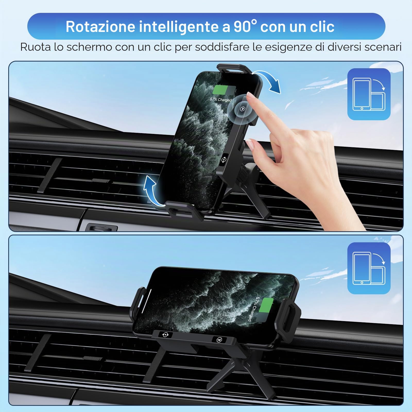 Supporto per cellulare auto per Galaxy Z Fold 6 5 4 3 2 con funzione di ricarica 15 W Dual Coils QC 3.0 Fast Wireless Charger Auto per Z Fold può ruotare automaticamente il supporto auto senza