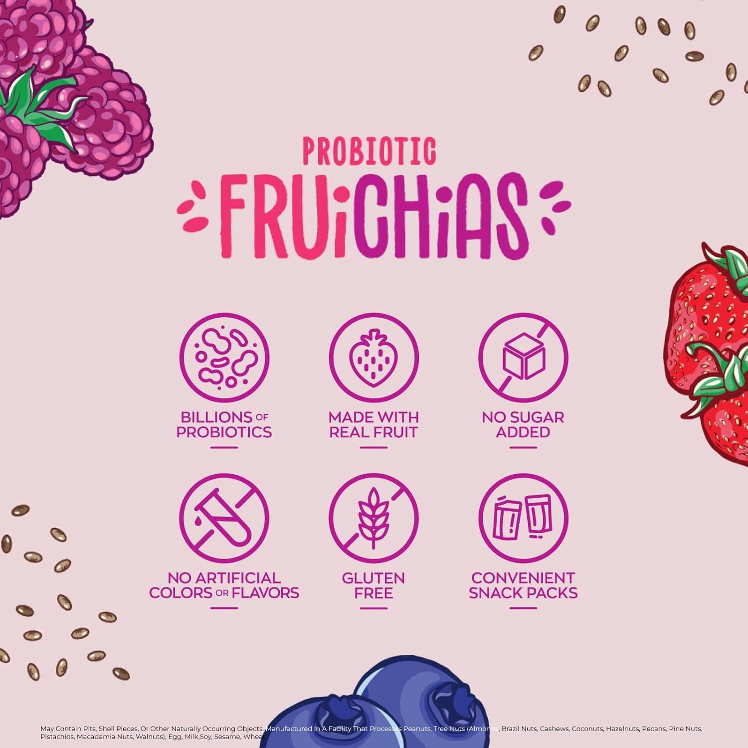 Nature's Garden Probiotic Fruichias Variety Pack - 24 Pack x 1oz, Probiotic Fruit Snack with Chia Seeds, Strawberry, Blueberry, Raspberry , No Sugar Added, Made with Real Fruit, Dye-Free, Non-GMO, Gluten-Free Snacks for Kids & Adults