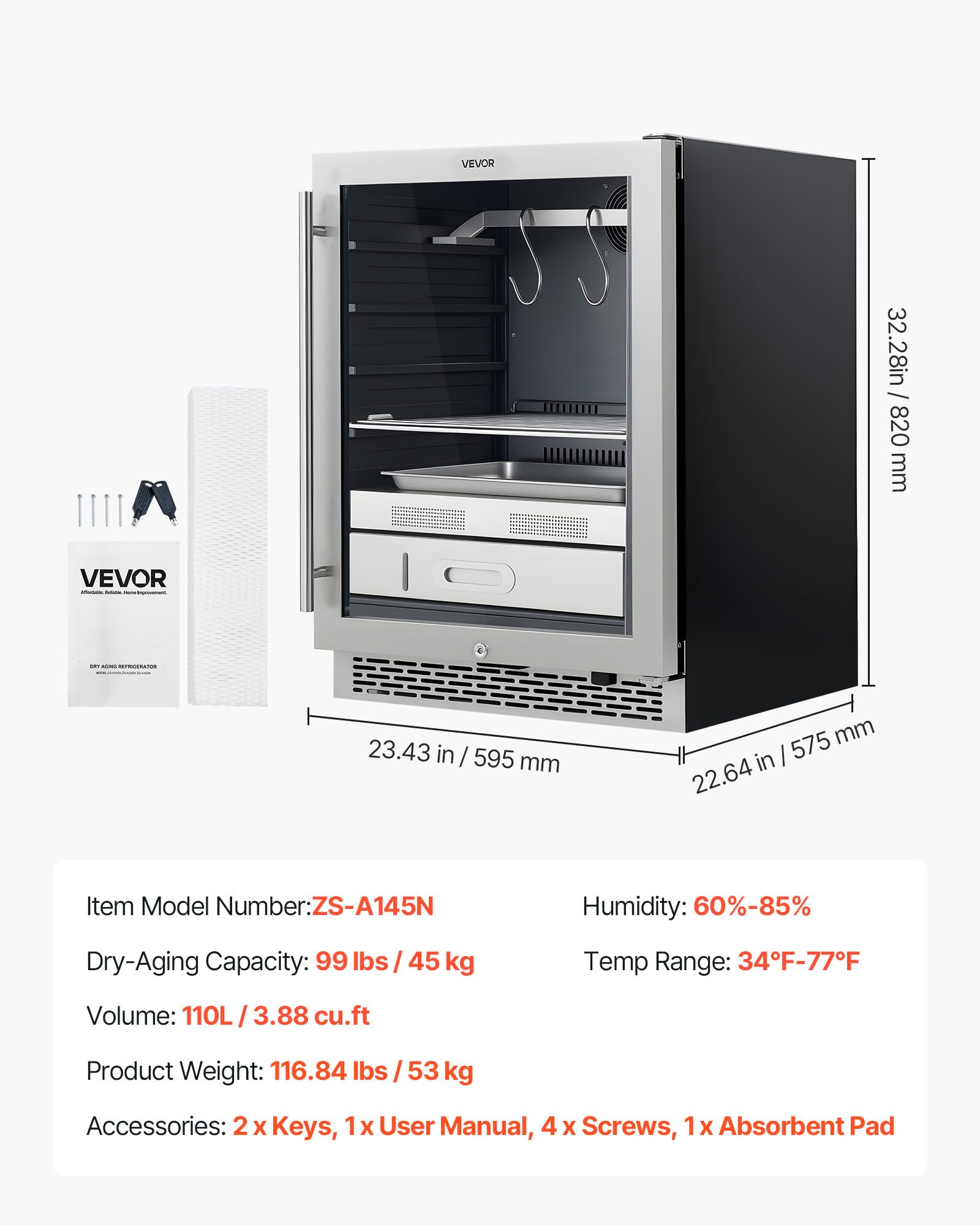VEVOR Armadio per Stagionatura della Carne da 45 kg, Armadietto per Essiccazione della Carne con Controllo Preciso della Temperatura e dell'Umidità, Macchina per Stagionatura della Bovina per Cucina