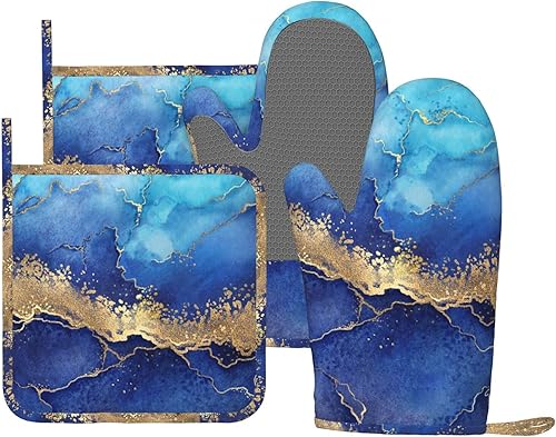 Juego de 4 guantes para horno y agarraderas de silicona de mármol azul, accesorios de cocina, resistentes al calor, agarradera antideslizante para