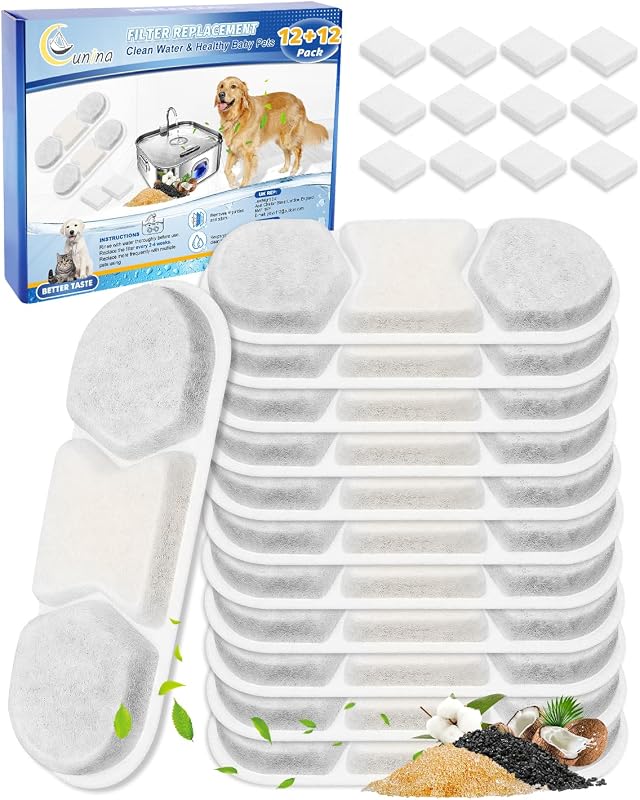 Refil para Fonte de Água para Cães e Gatos Cunina Compatível com MAILOFY WF120/WF160, Zuqqony DYSJ01 e FIYOVA 12 L, Pacote com 12 Filtros e 12 Esponjas