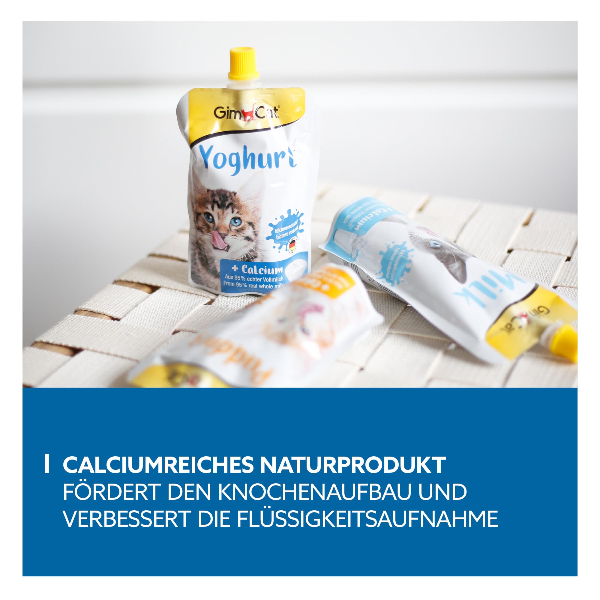 GimCat Yoghurt - Przysmak dla kotów o obniżonej zawartości laktozy, przygotowany z pełnego mleka z dodatkiem wapnia z myślą o zdrowiu kości - 1 worek (1 × 150 g)