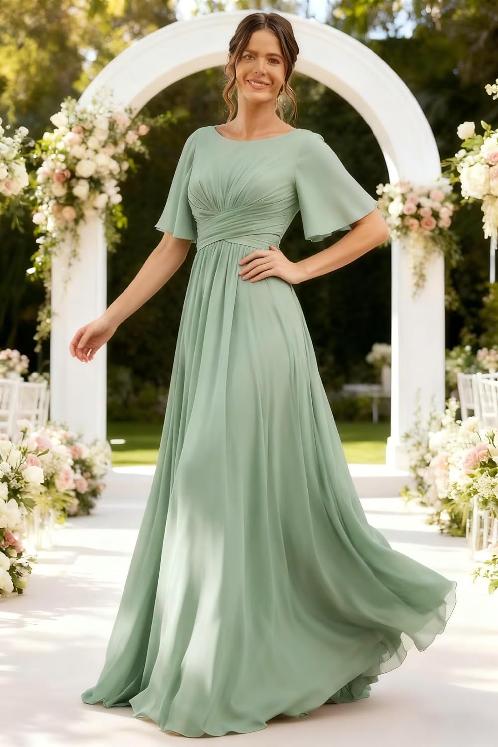 RSOETOO Flutter Sleeve Bridesmaid Dresses with Pockets A-Line Long Chiffon Formal Party Dress RON011