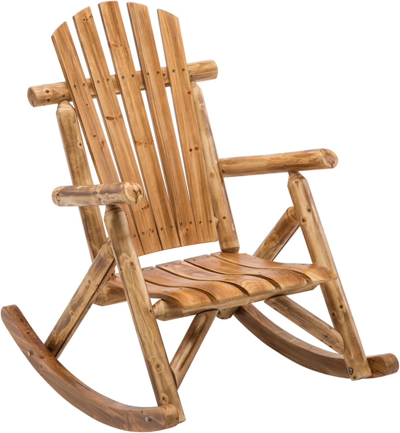DJL Wooden Rocking Chair Log Outdoor Rocker Outside Patio Lawn Furniture Living Room Porch Comfy Beach Balcony, Heavy Duty, Lightly Toasted