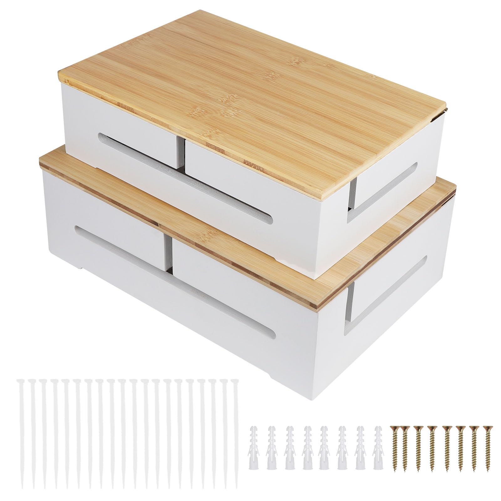 DBREAKS Scatola di gestione deglicavo, 2 scatole in legno con coperchio magnetico in bambù e fascette assemblabili a parete, per organizer percavo
