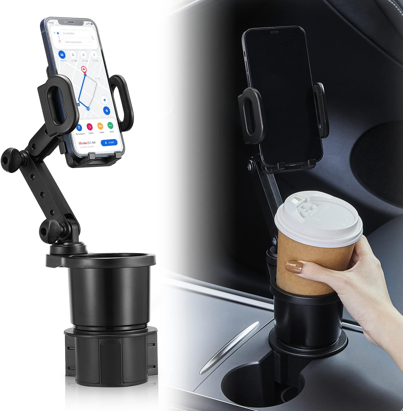THIS HILL 2-in-1 Cup Holder and Cell Phone Holder - with 360° Rotating Stand and Adjustable Base for All iPhone Models and Smartphones